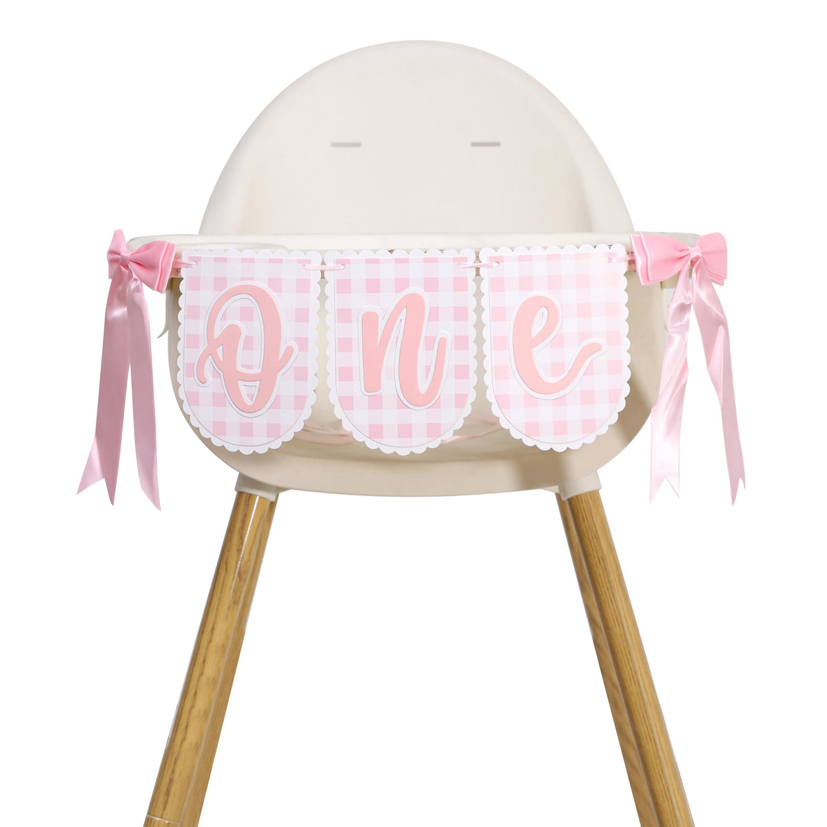 Pink Gingham Bow One High Chair Banner,Pink Bow One Banner