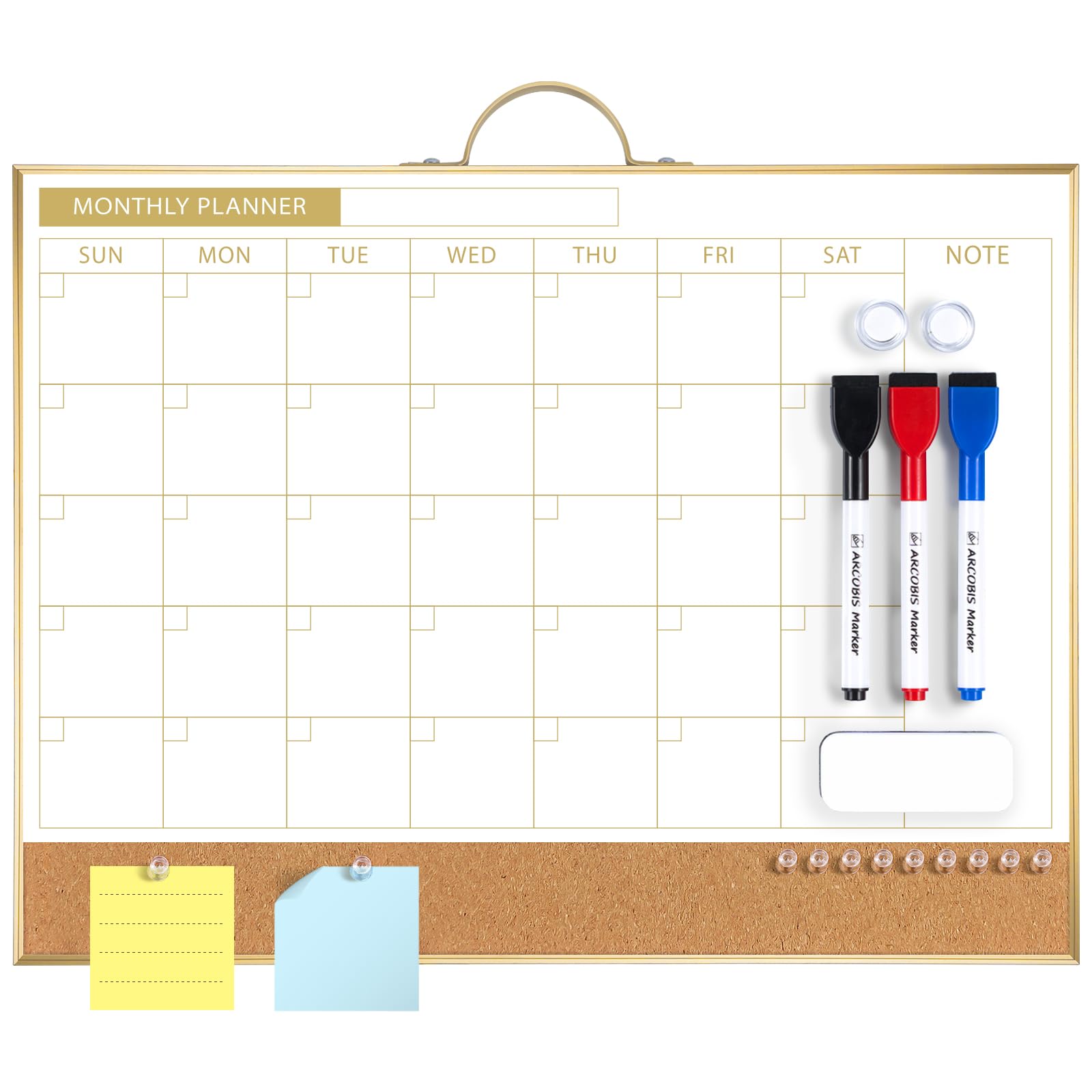 Arcobis Dry Erase Calendar With Cork Board For Wall, 12 'X16 ' Magnetic Monthly Calendar Whiteboard With Gold Frame, Double-Si