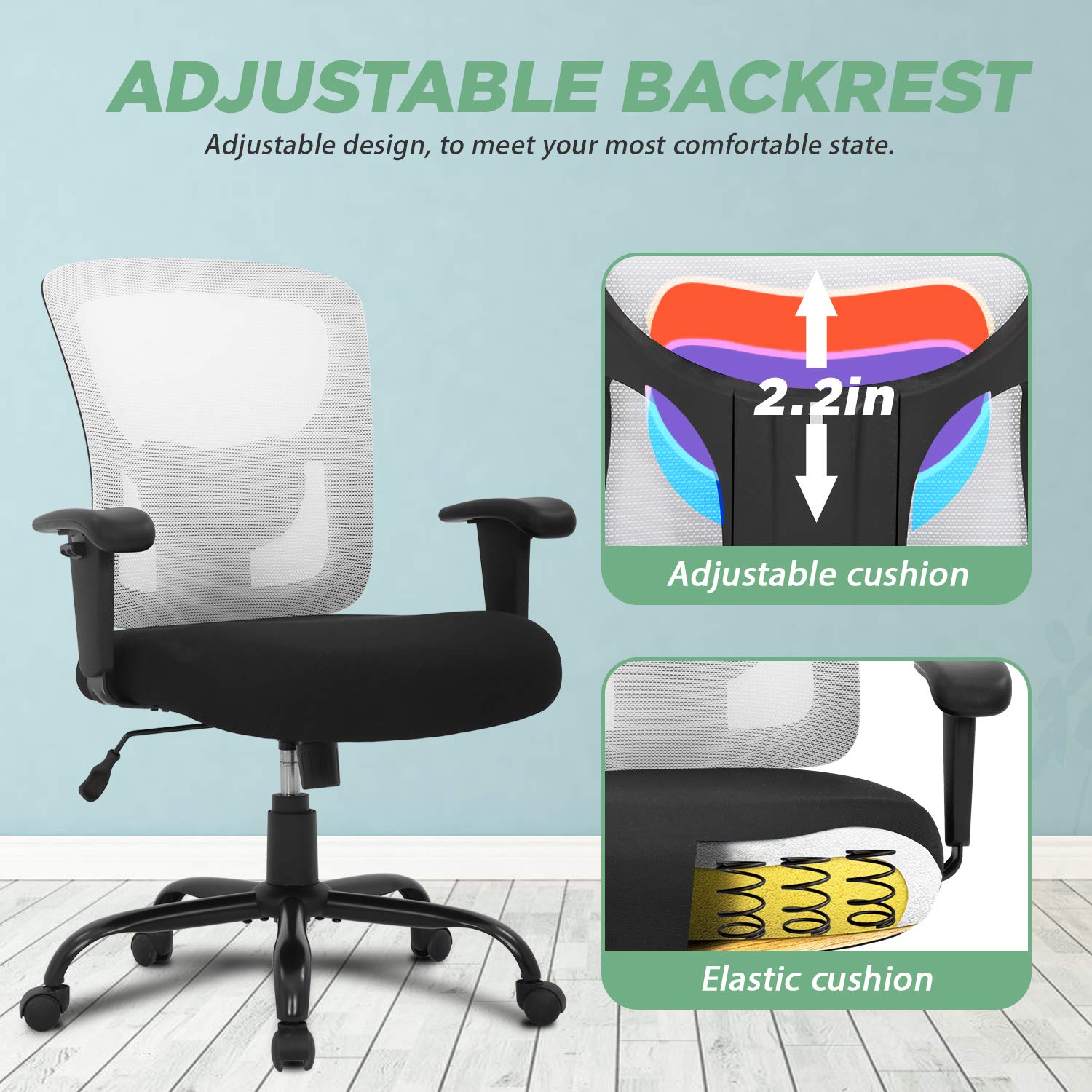 Big And Tall Office Chair 400Lbs Desk Chair Mesh Computer Chair With Lumbar Support Wide Seat Adjust Arms Rolling Swivel High Back Task Executive Ergonomic Chair For Home Office