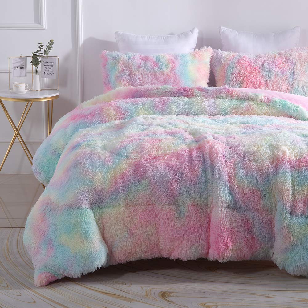 Wajade Faux Fur Plush Rainbow Comforter Set Fluffy Fuzzy Shaggy Bedding Set - 3Pc Full Size Microfiber Soft Warm Quilt Set