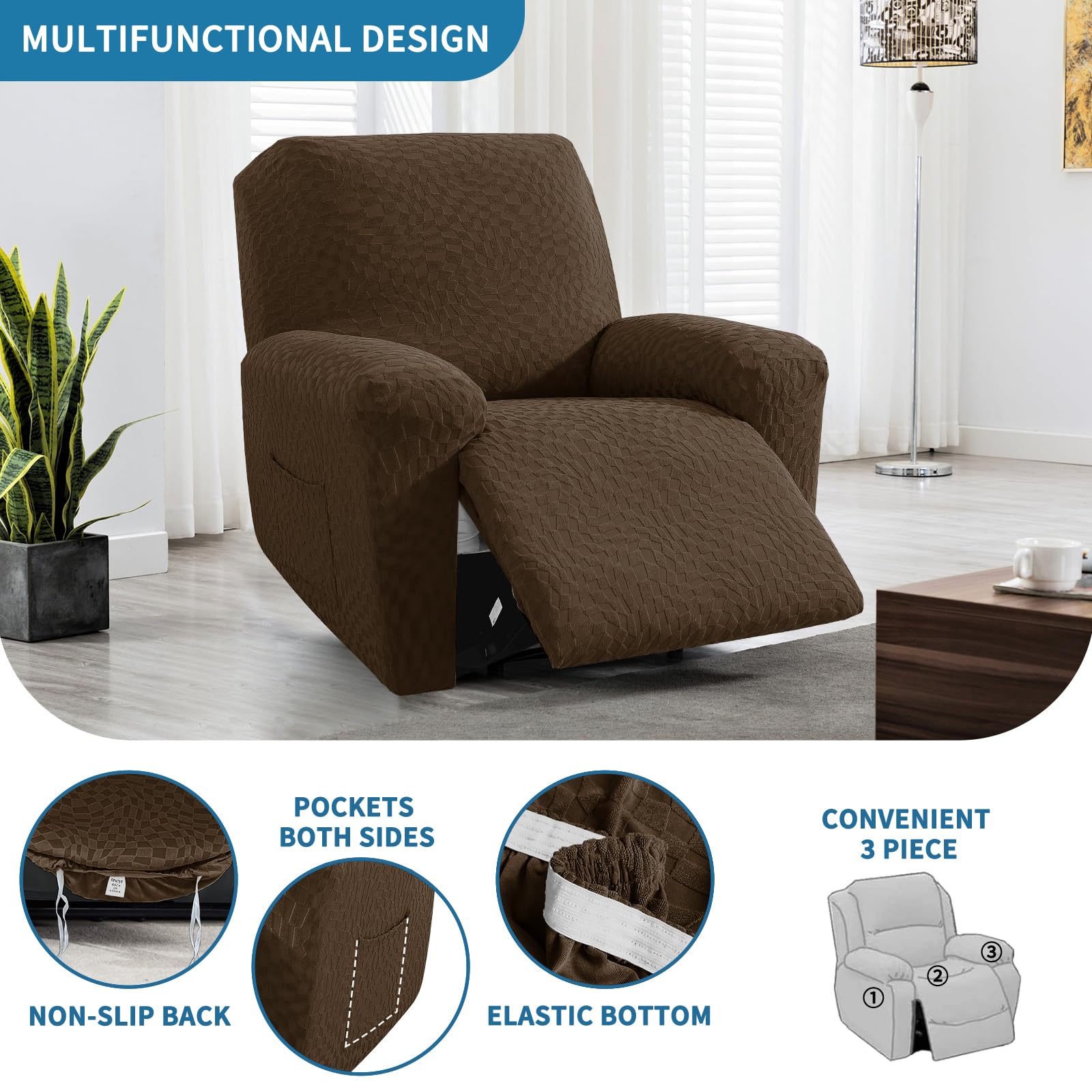 2024 Recliner Chair Covers (24''-37'') Newest 3-Piece Lazy Boy Recliner Cover, Stretch Slipcovers With Elastic & Ties That Stay