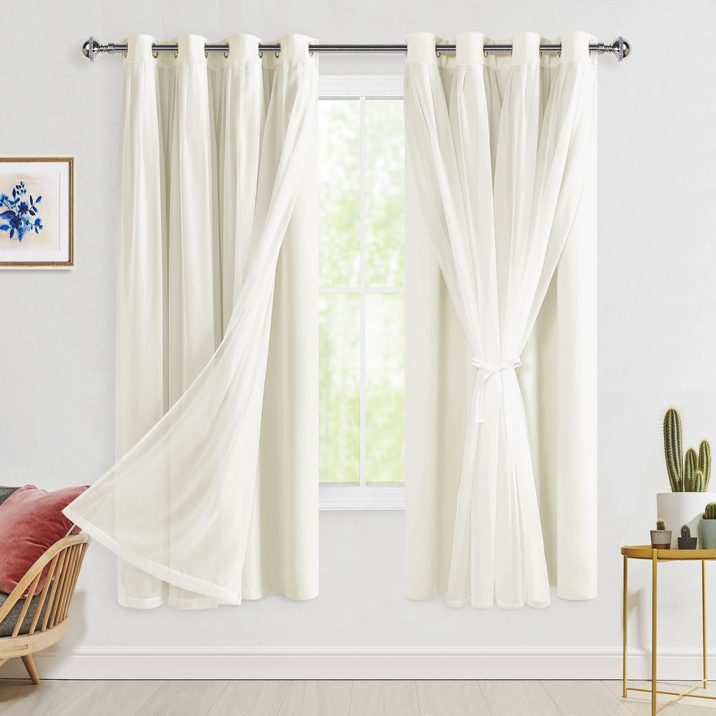 Hiasan Ivory Blackout Curtains with Sheer Overlay, Grommet Thermal Insulated Mix & Match Double Layer Window Curtains for Girls 