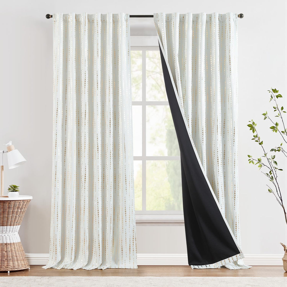 Jinchan 100% Blackout Boho Curtains Moon Phases Printed Bedroom Curtains 96 Inch Length 2 Panels Golden On White Drapes Rod Pock