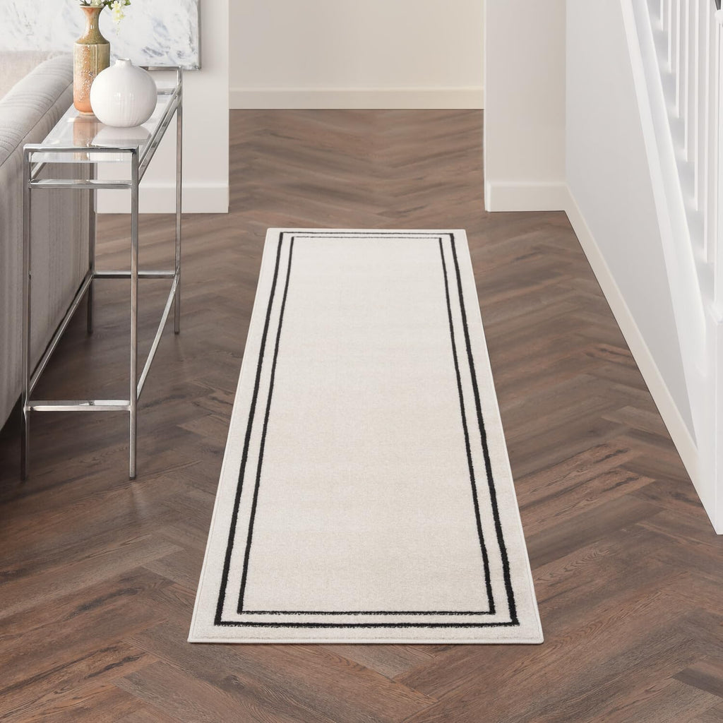Nourison Essentials Indoor/Outdoor Ivory/Black 2'2'' X 7'6 Area -Rug, Easy -Cleaning, Non Shedding, Bed Room, Living Room, Dinin