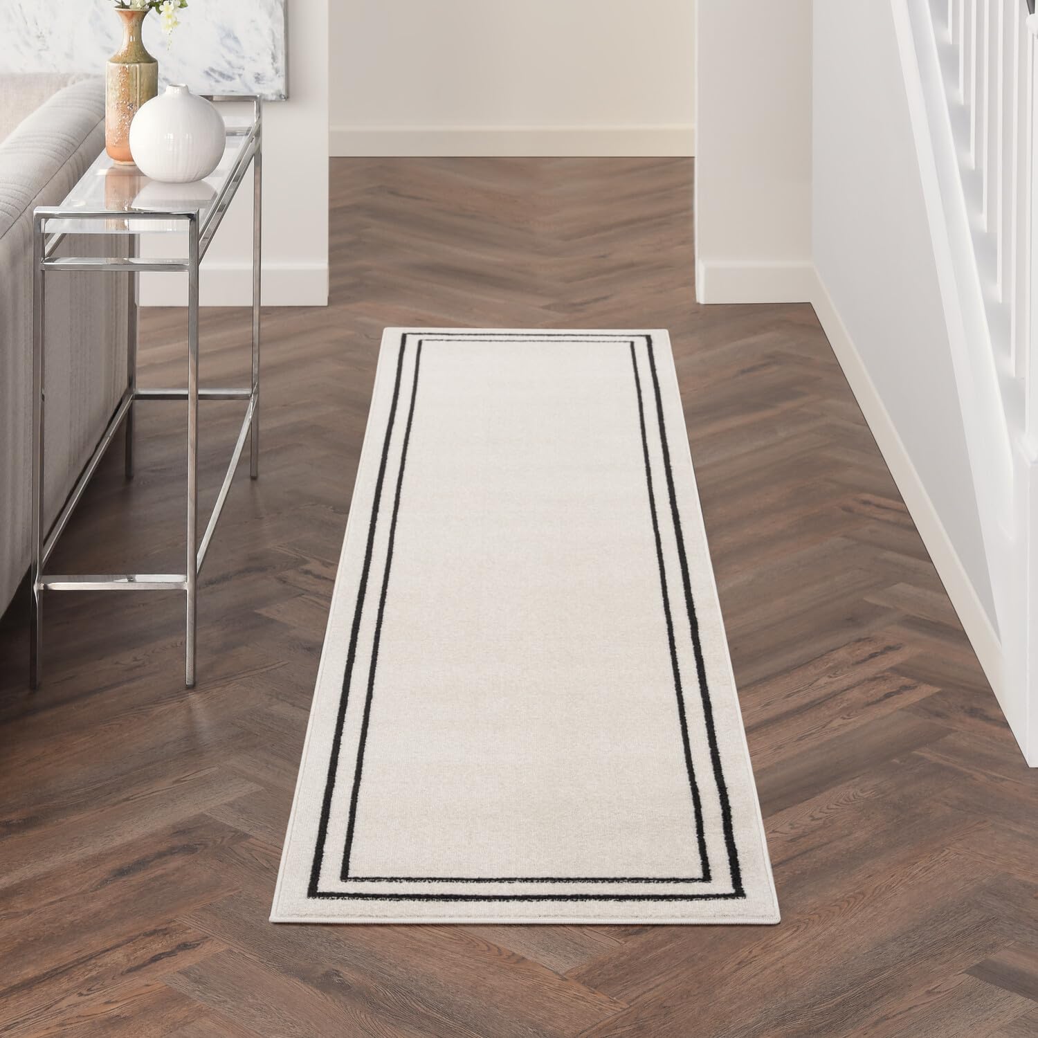 Nourison Essentials Indoor/Outdoor Ivory/Black 2'2'' X 7'6 Area -Rug, Easy -Cleaning, Non Shedding, Bed Room, Living Room, Dinin