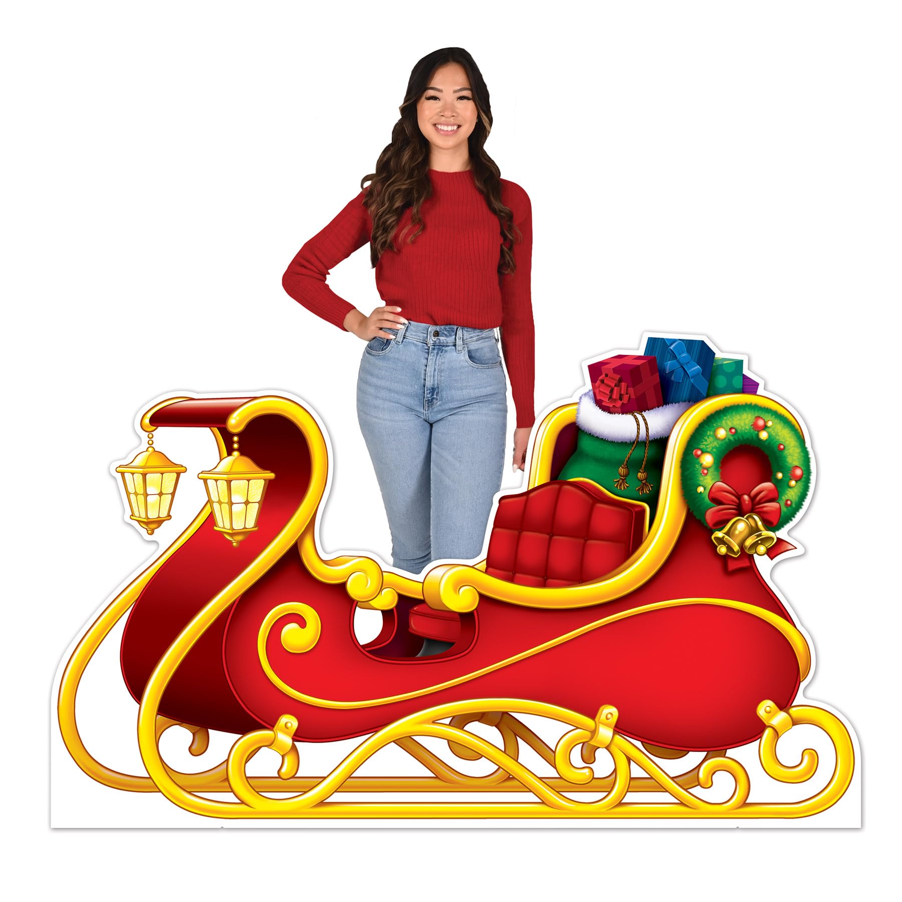 Beistle 3' 7' X 5' 10' Cardboard Santa'S Sleigh Photo Booth Prop With Easel Stand Up Christmas Holiday Party Decoration, Red/Yellow/Blue/Green/Black