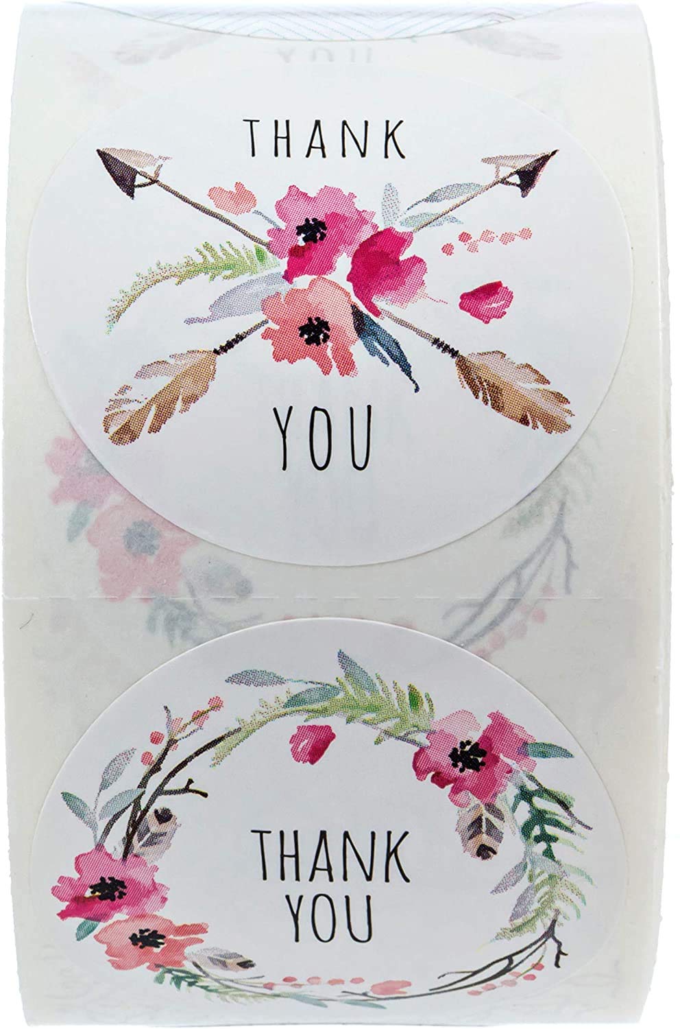 Sblabels Boho Chic Thank You Stickers / 1.5' Thanks Labels / 6 Floral And Feather Thank You Designs / 500 Thanks Stickers/Made
