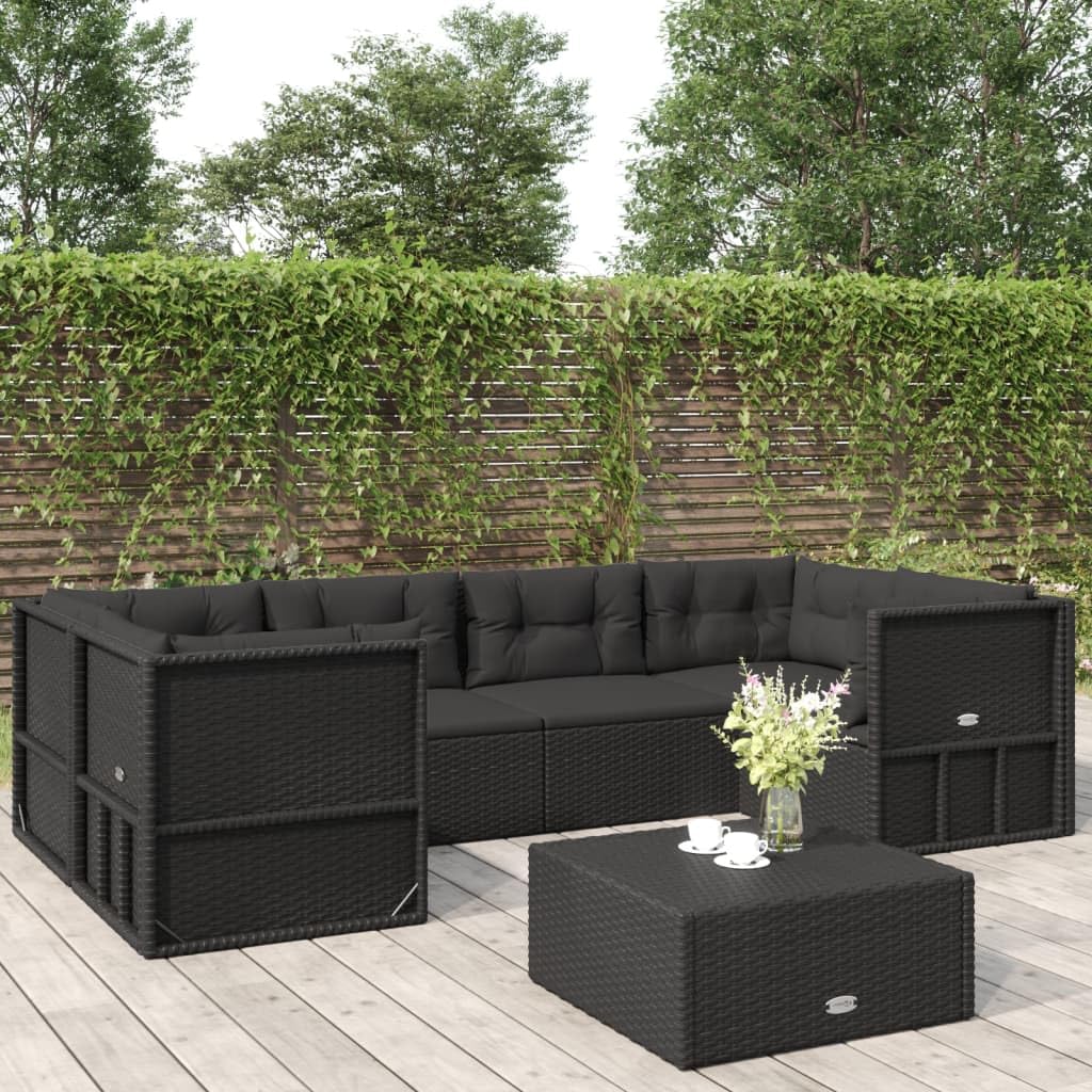 vidaXL Patio Furniture Set 6 Piece, Sectional Sofa with Cushions, Patio Lounge Set for Outdoor Garden Lawn Backyard, Black Poly Rattan