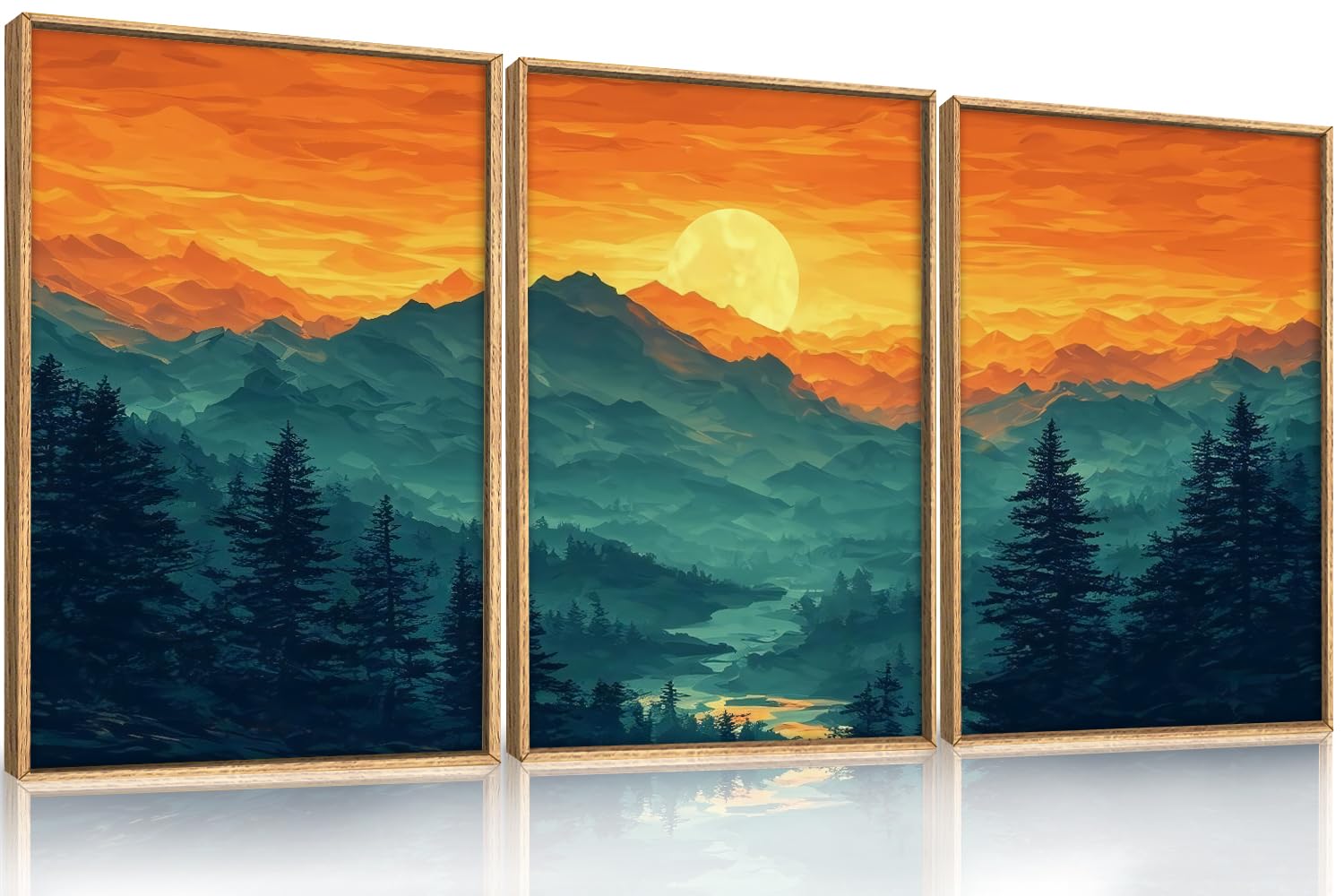 HOURIA Boho Mountain Framed Canvas Wall Art Set, Forest Sunrise Wall Decor,Modern Colorful Landscape Wall Painting,Nature Woodla