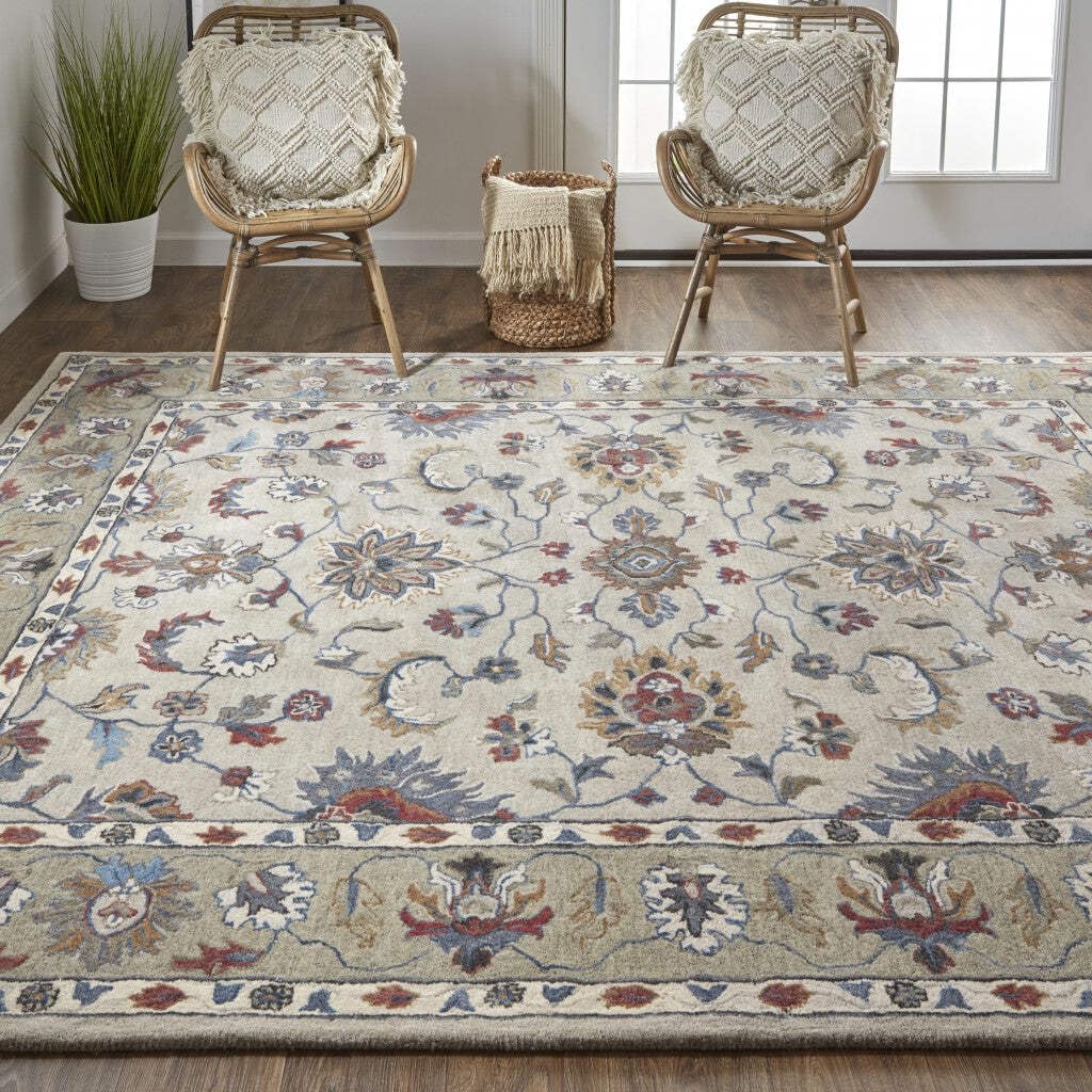 HomeRoots 514824 8 x 10 ft. Ivory Taupe & Blue Wool Floral Hand Tufted Handmade Stain Resistant Rectangle Area Rug