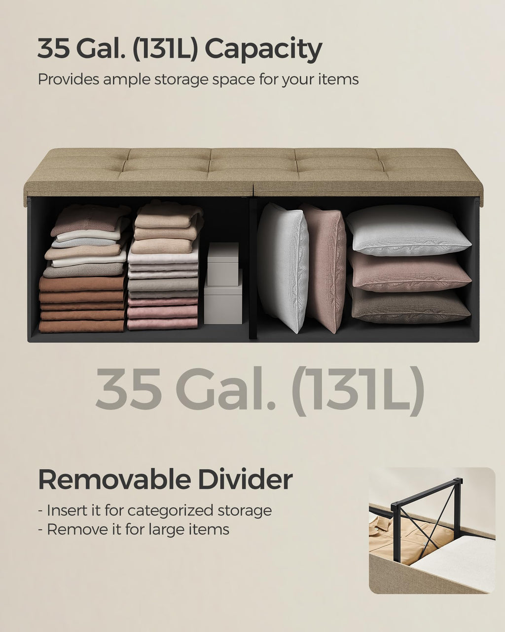 Songmics Mazie Collection - 43 Inches Storage Ottoman, Foldable Storage Bench With Flipping Lid, 660 Lb Load Capacity, For Entryway, Living Room, Bedroom, Camel Brown Ulsf076K01