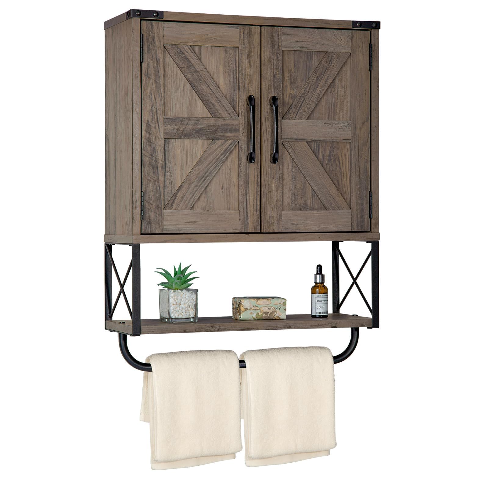RUSTOWN Farmhouse Medicine Cabinet with 2 Barn Door, Wood Wall Mounted Storage Cabinet with Adjustable Shelf and Towel Bar, 3-Ti