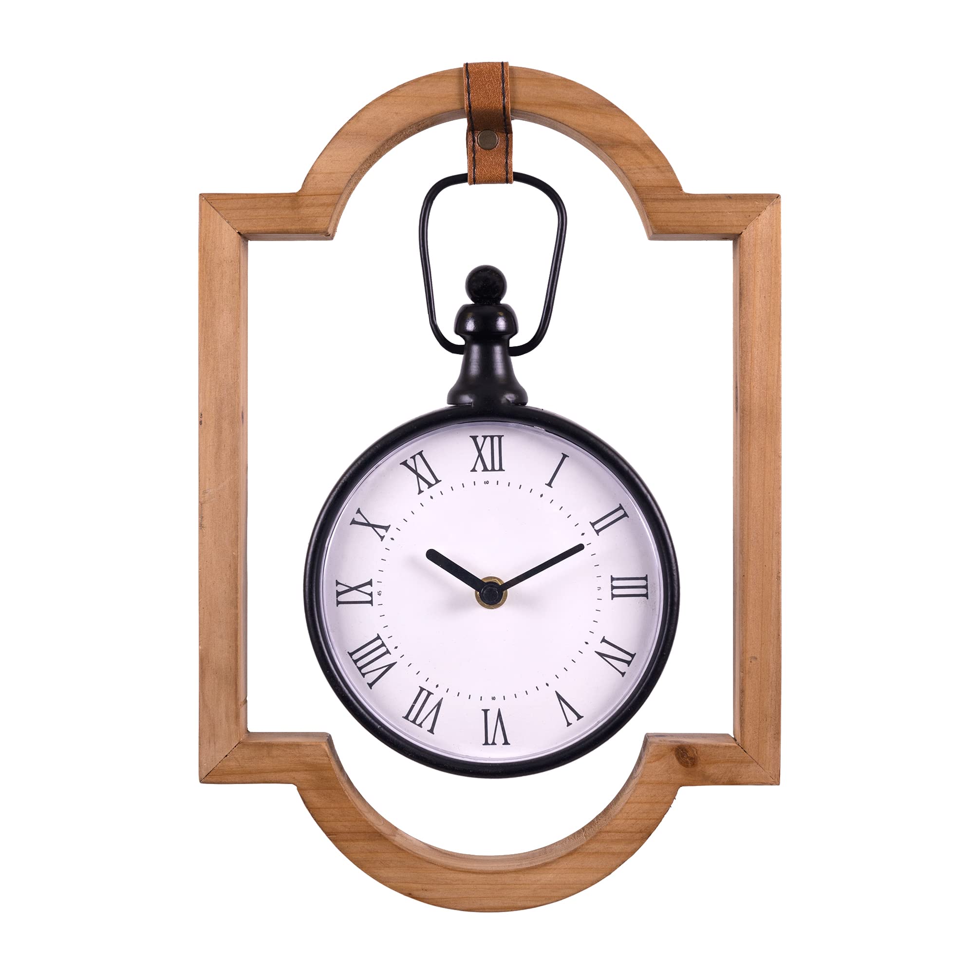 Stratton Home Decor Farmhouse 10" Liam Wall Clock - Hanging Decorative Timepiece - Lantern-Shaped Wood Frame With Leather Strap - For Bedroom, Living Room, Hallway, Entryway - Housewarming Gift