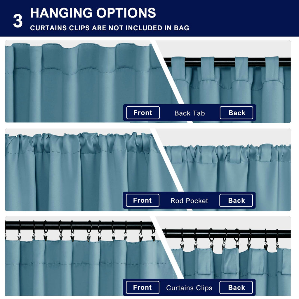 Hiasan Stone Blue Curtains 45 Inch Long, Light Blocking Thermal Insulated Rod Pocket & Back Tab Blackout Drapes Sewn With Tiebac