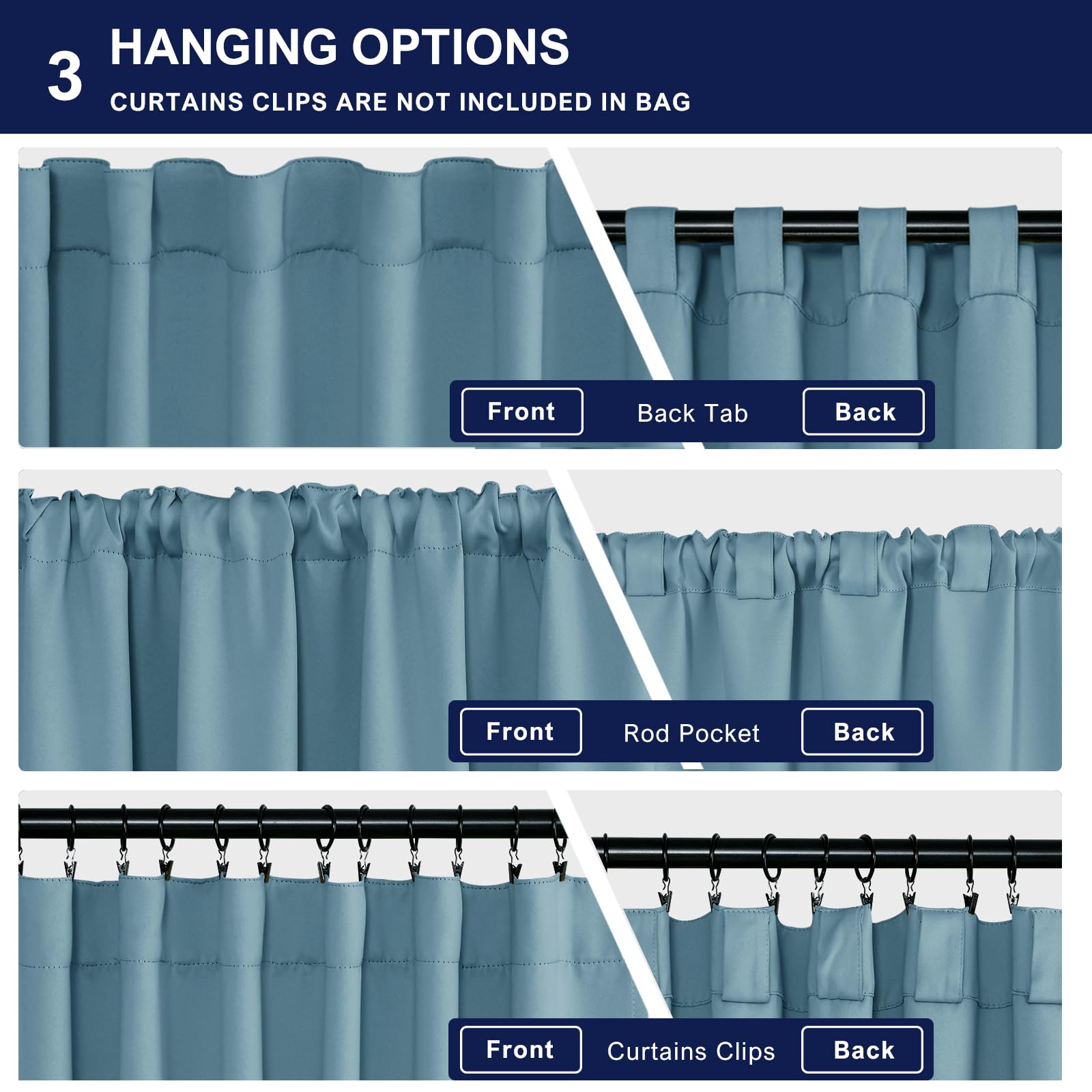 Hiasan Stone Blue Curtains 45 Inch Long, Light Blocking Thermal Insulated Rod Pocket & Back Tab Blackout Drapes Sewn With Tiebac