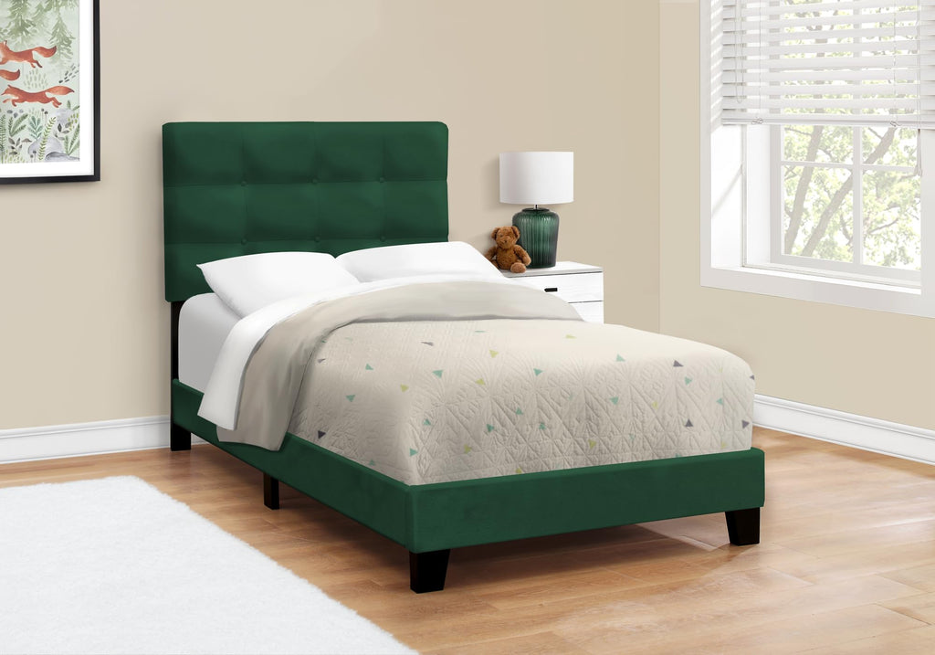 Monarch Specialties I 5917T Bed, Twin Size, Upholstered, Bedroom, Frame Only, Youth, Teen, Juvenile, Green Velvet
