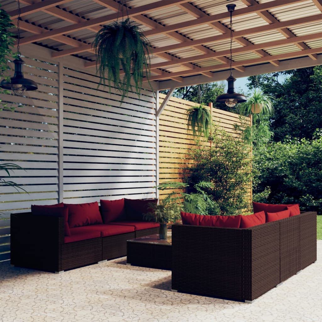vidaXL 7-Piece Outdoor Lounge Set with Cushions, Poly Rattan Patio Furniture Set with Modular Design, Water-Resistant PE Rattan and Powder-Coated Steel Frame, Brown with Cinnamon Red Cushions