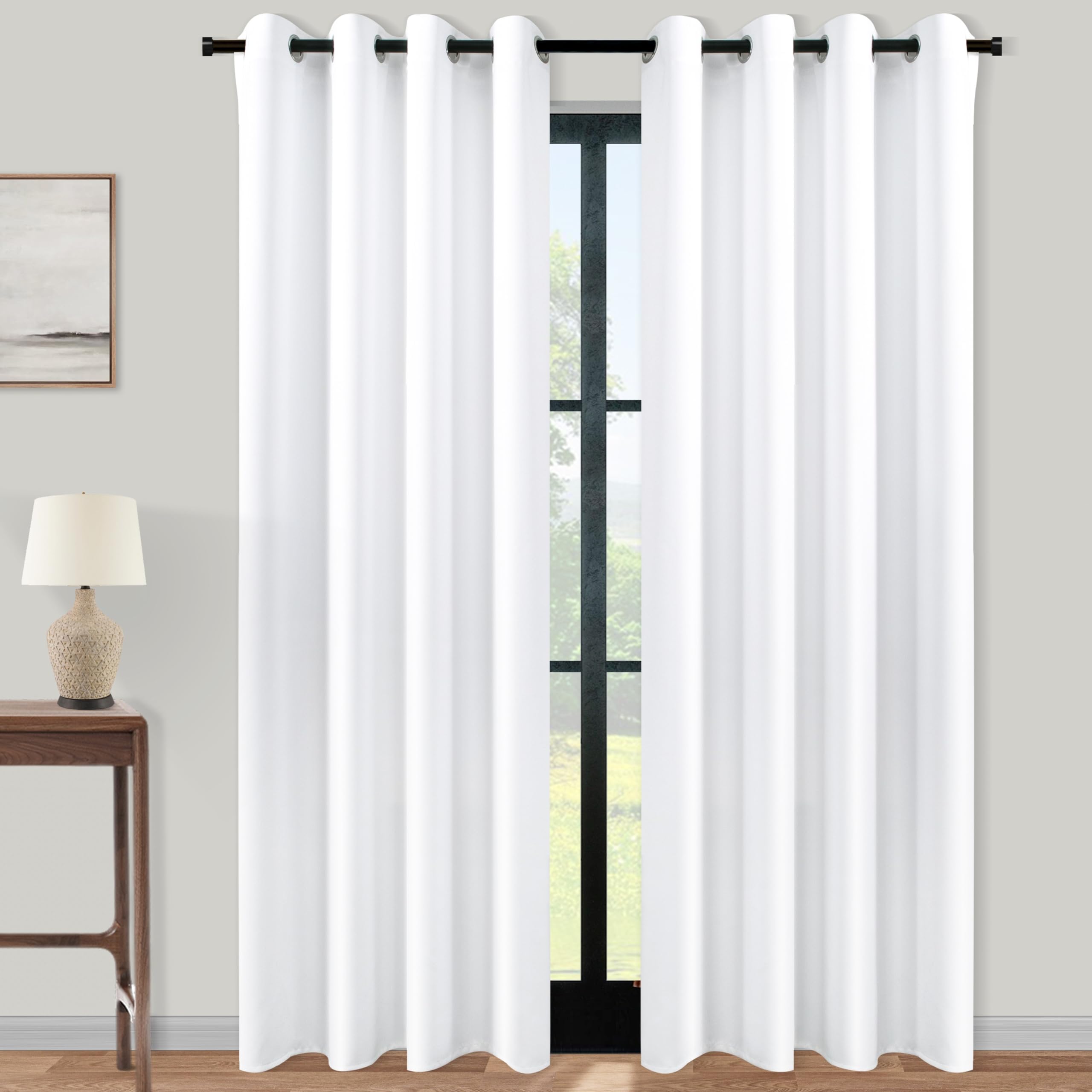 Koufall White Grommet Curtains 96 Inches Long,2 Panels Set 8 Ft 60% Blackout Thermal Weather Blocking Privacy Room Divider Curta