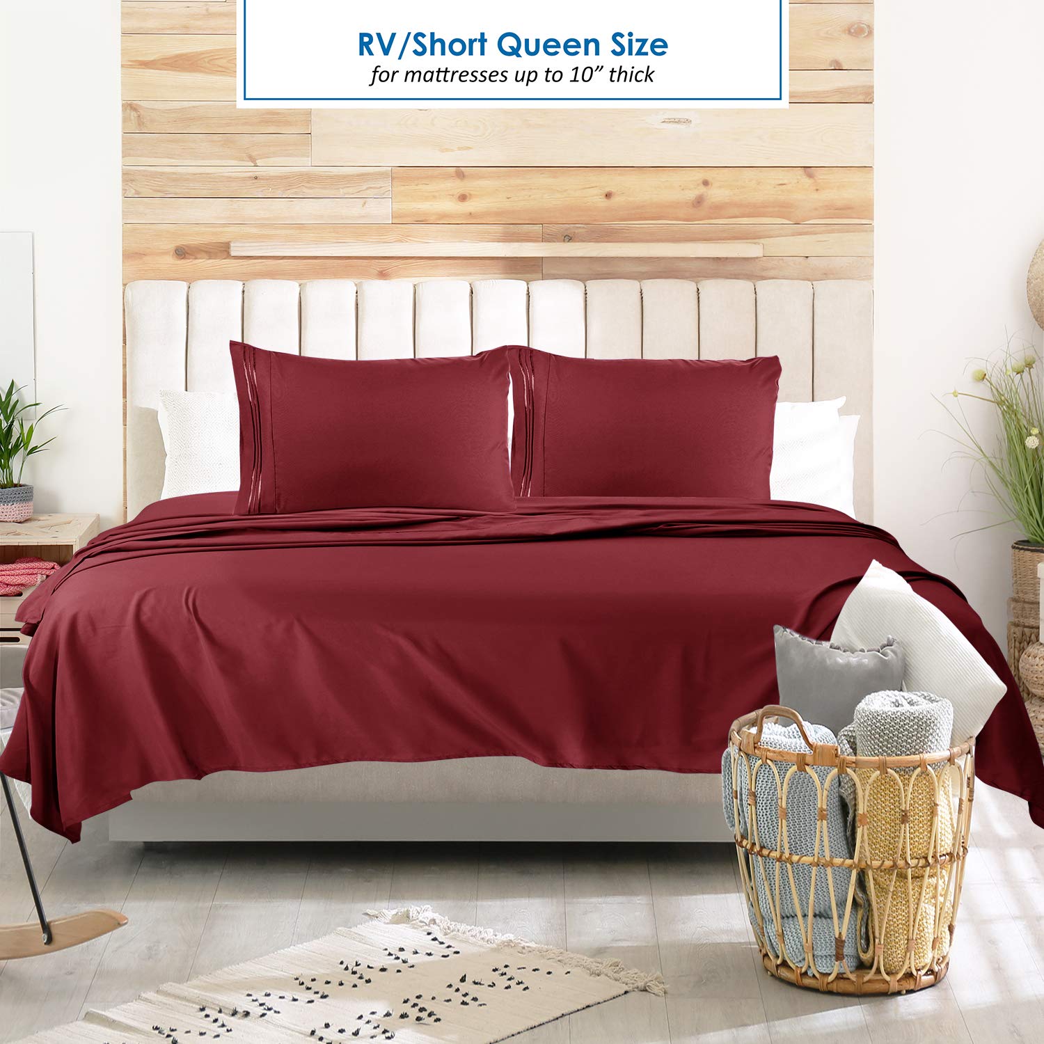 Nestl Burgundy Rv Queen Sheets – Super Soft Rv Short Queen Sheets For Rv Camper, 6 Piece 1800 Microfiber Fitted Rv Sheets, Double Brushed Rv Bed Sheets Set, Camper Sheets And Pillowcases