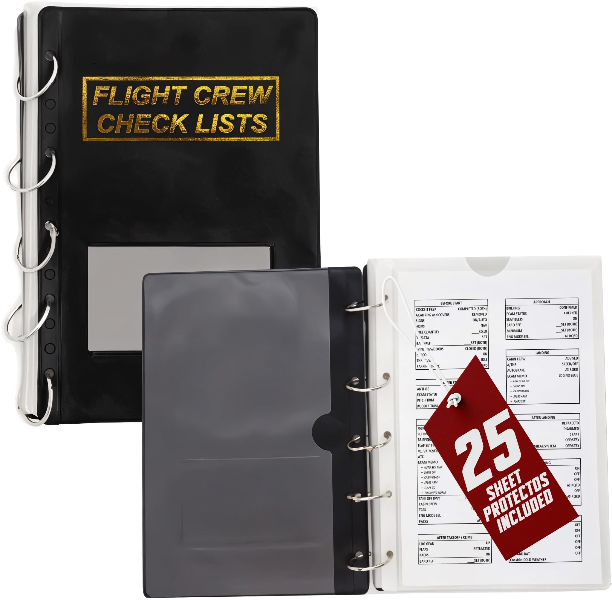 Performore Flight Crew Checklist Binder (Black) With 5 Loose Leaf Rings - Includes 25 Sheet Protectors And Business Card Size Po