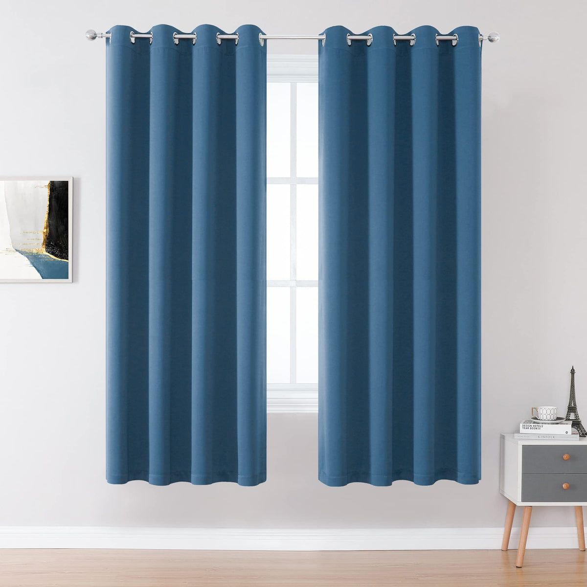 Dualife Midnight Blue Curtains 63 Inch Length For Boys Kids Room 2 Panel, Grommet Boho Curtains For Bedroom, Dark Denim Blue, 52