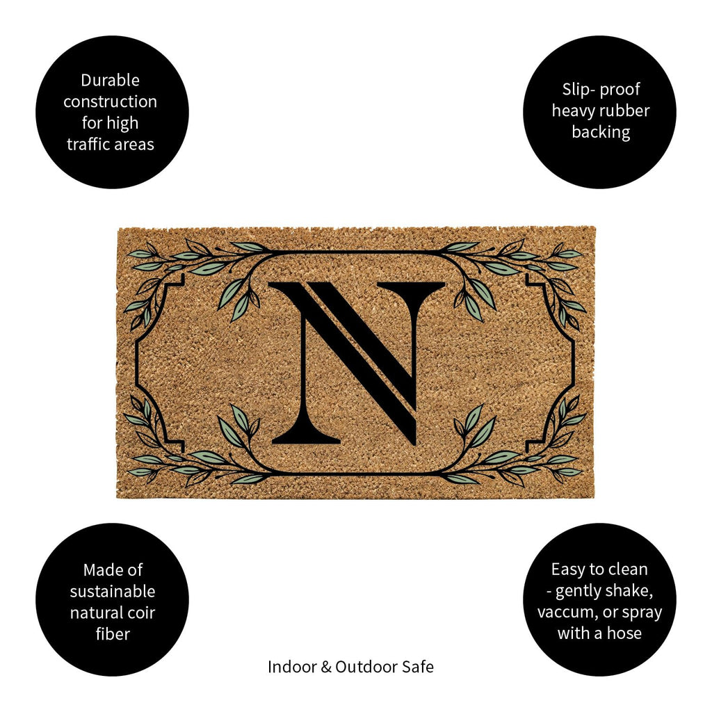 Evergreen Monogram Coir Doormat | Letter N | Front Door Mat For Outdoor Indoor Entrance | 28X16 Inches | Non-Slip Backing Doorwa