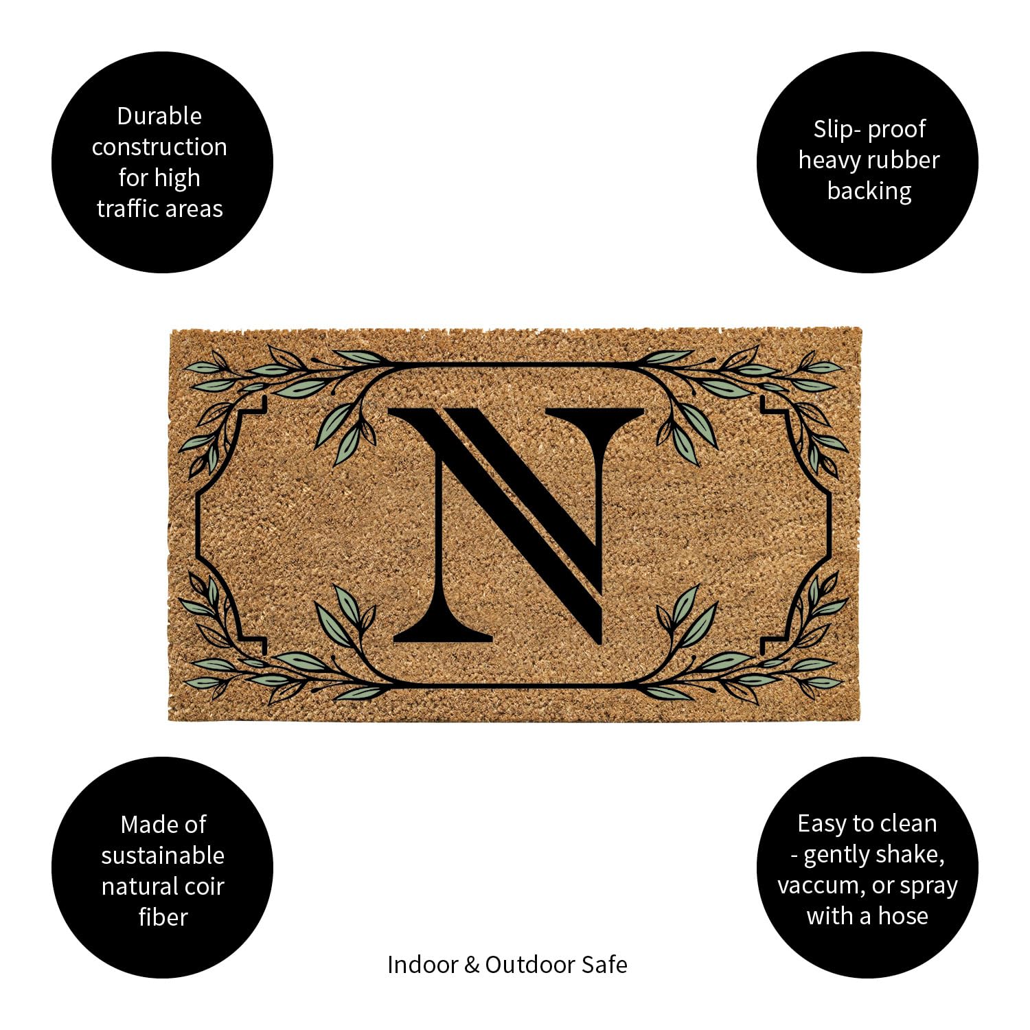 Evergreen Monogram Coir Doormat | Letter N | Front Door Mat For Outdoor Indoor Entrance | 28X16 Inches | Non-Slip Backing Doorwa