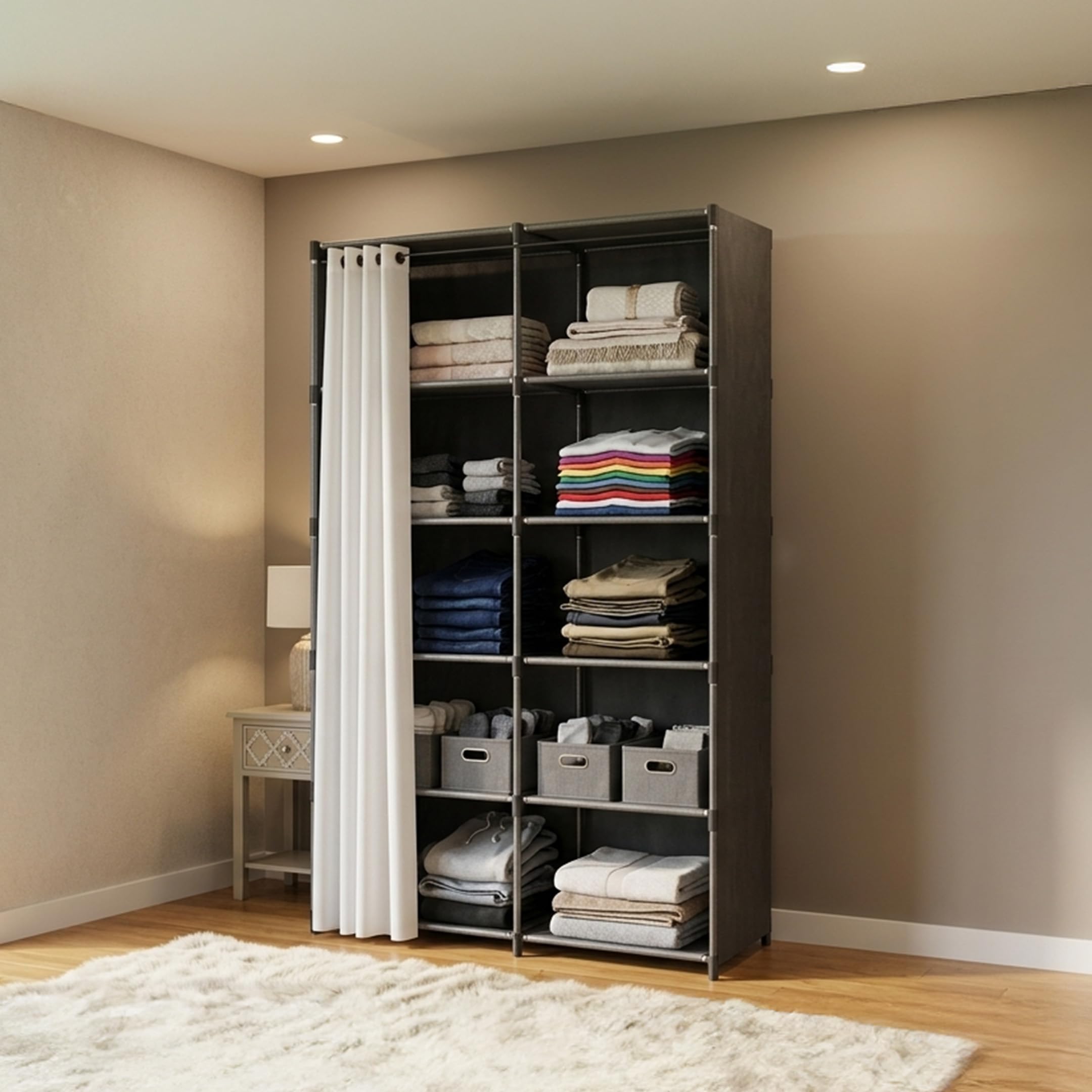 Homeessentials Portable Wardrobe Closet With Curtain Cover  Heavy Duty Clothes Storage Organizer With Shelves, Freestanding Gar