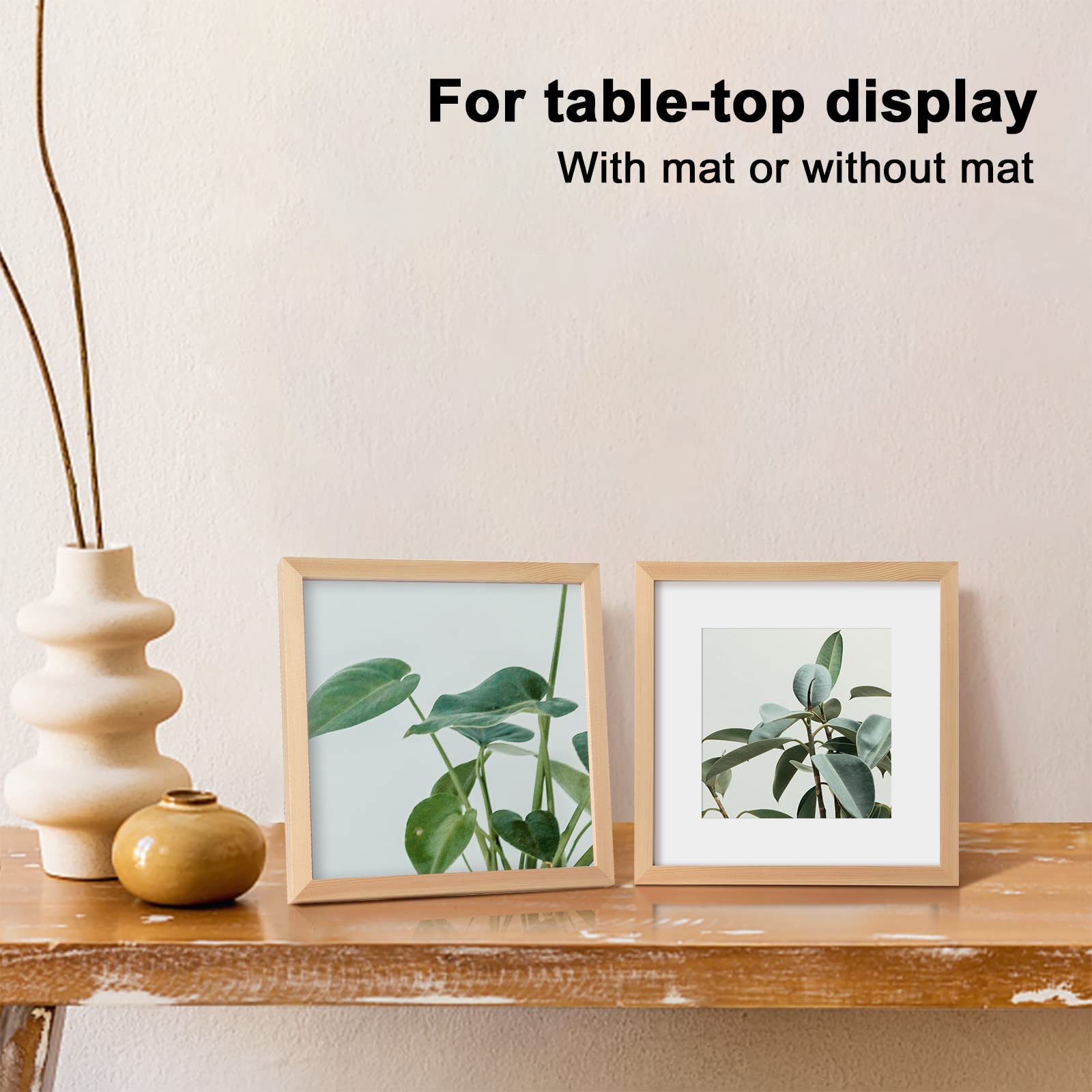 Kinlink 10X10 Picture Frames, Square Natural Wood Frames With Acrylic Plexiglass For Pictures 6X6 With Mat, Tabletop And Wall Mo