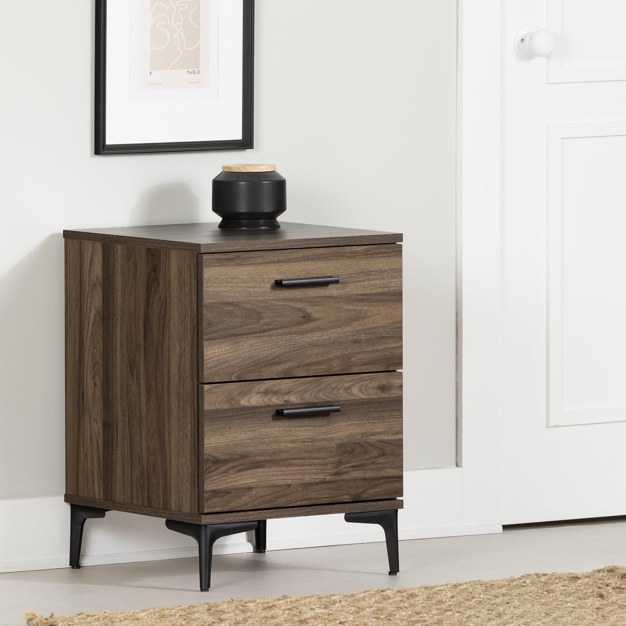 South Shore Slendel 2-Drawer Side Table with Metal Legs, Natural Walnut