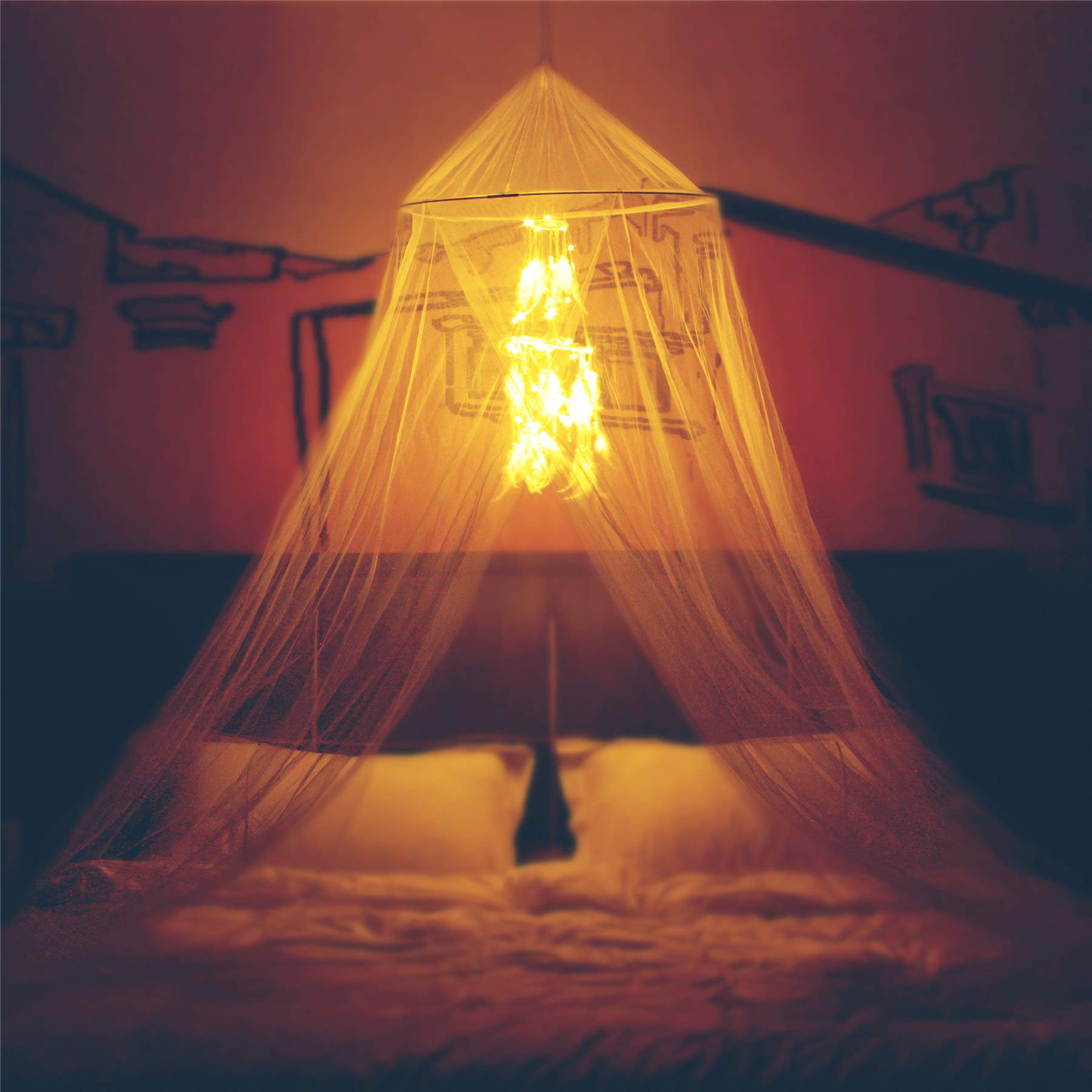 Bed Canopy With Double Circle White Feather Dream Catcher And 50 Led Fairy String Lights, Mosquito Net - Unique Style Dome Bed N