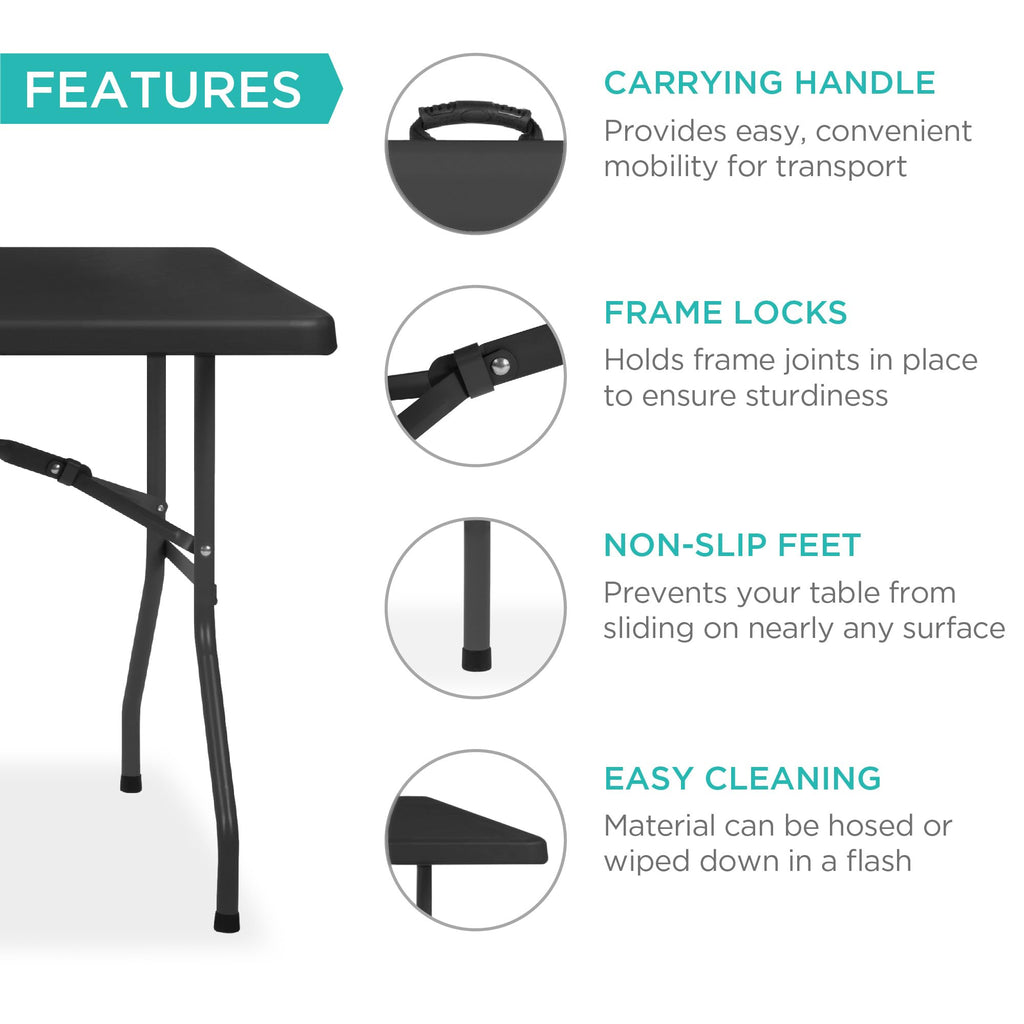 Best Choice Products 8Ft Plastic Folding Table, Indoor Outdoor Heavy Duty Portable W/Handle, Lock For Picnic, Party, Pong, Camping - Black
