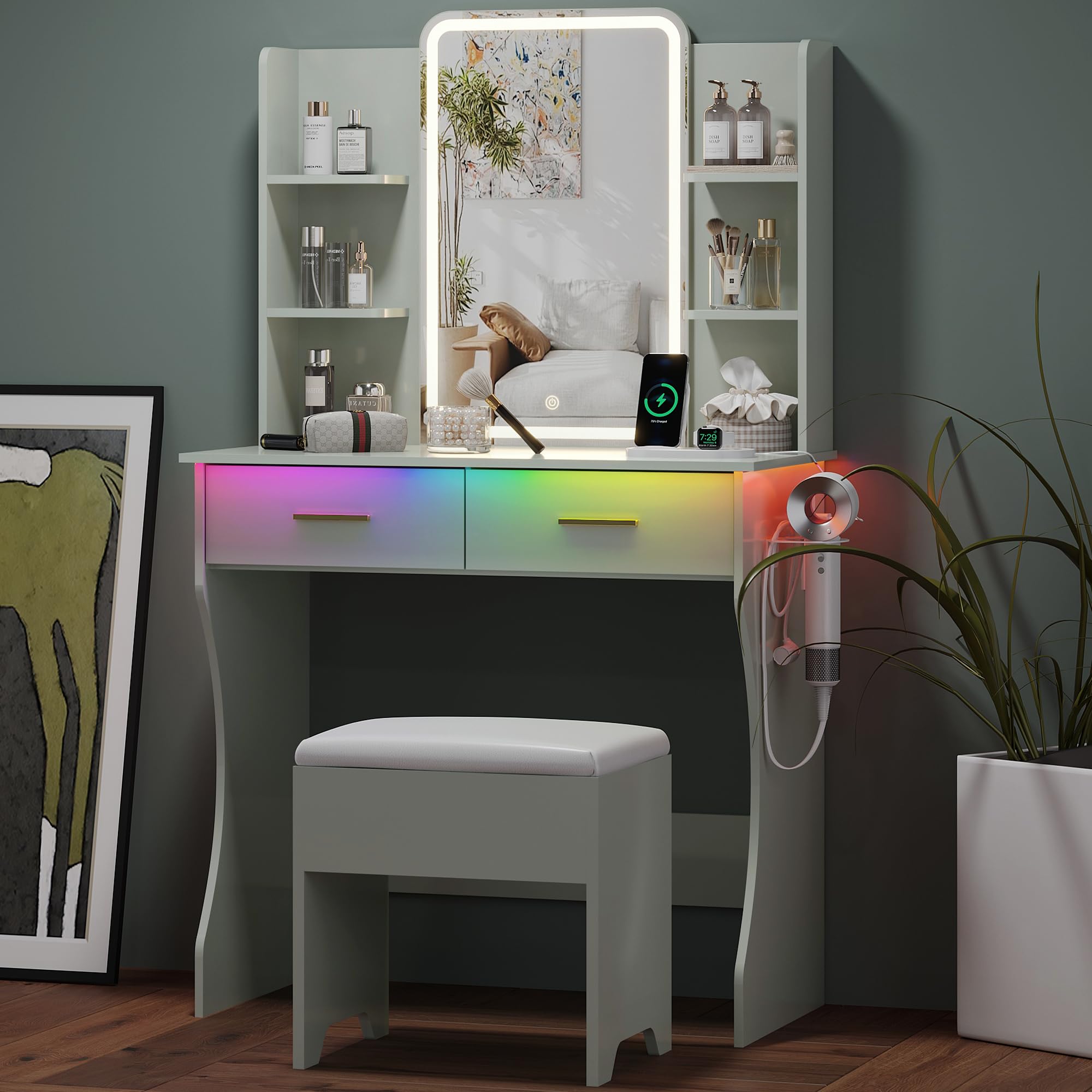 Small Vanity Desk with Mirror and Lights, Makeup Vanity with LED Lights, Green Vanity Mirror with Lighted Desk and Chair, 3 Ligh