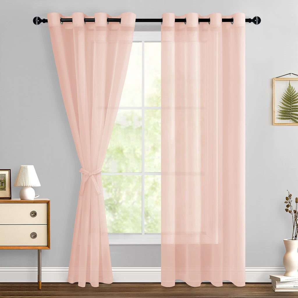 Hiasan Sheer Curtains 84 Inches Long With Tiebacks, Light Filtering Semi Transparent Lightweight Voile Grommet Window Curtains For Bedroom, Living Room, W52 X L84, Blush Pink, Set Of 2 Drape Panels