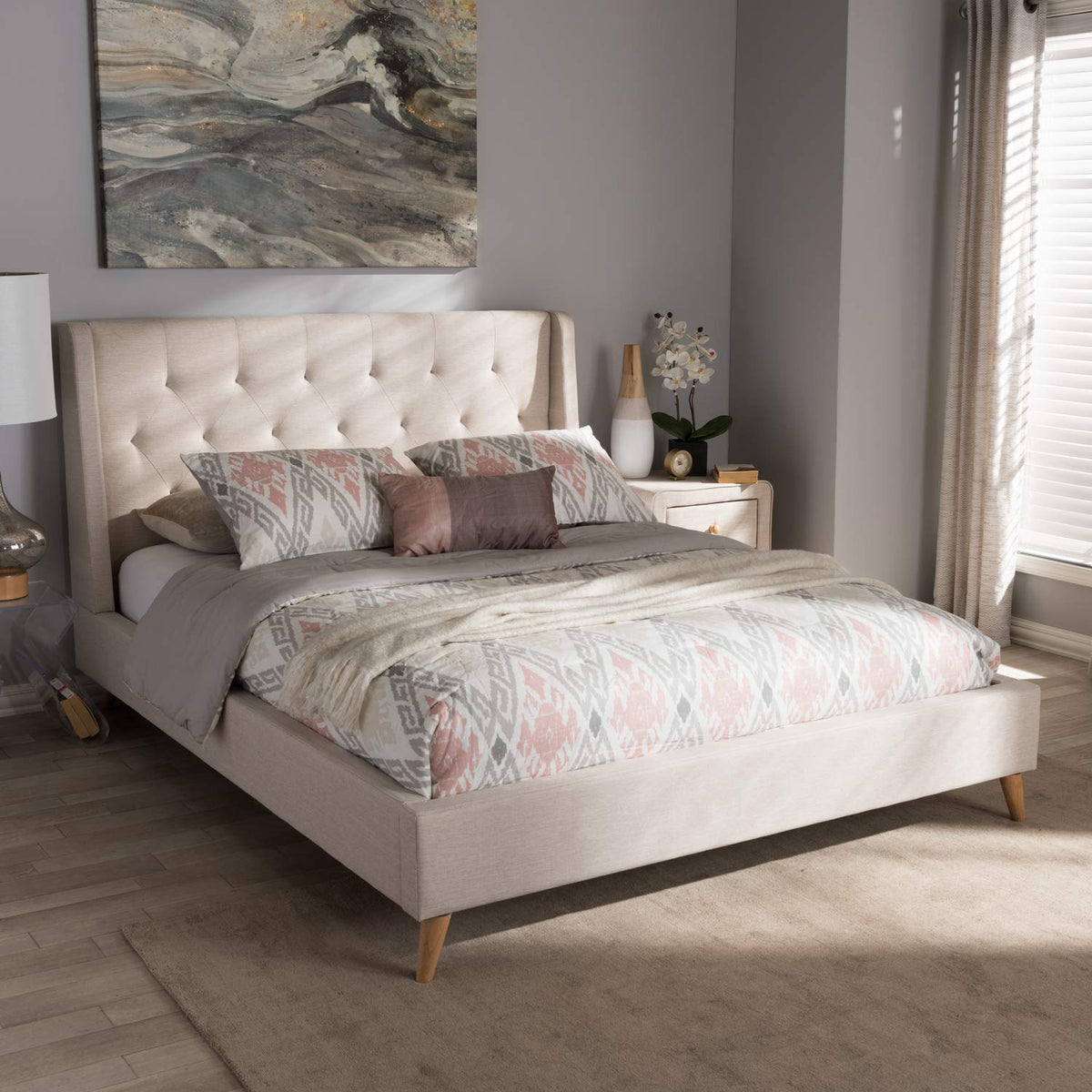 Baxton Studio Adelaide Tufted King Platform Bed in Light Beige