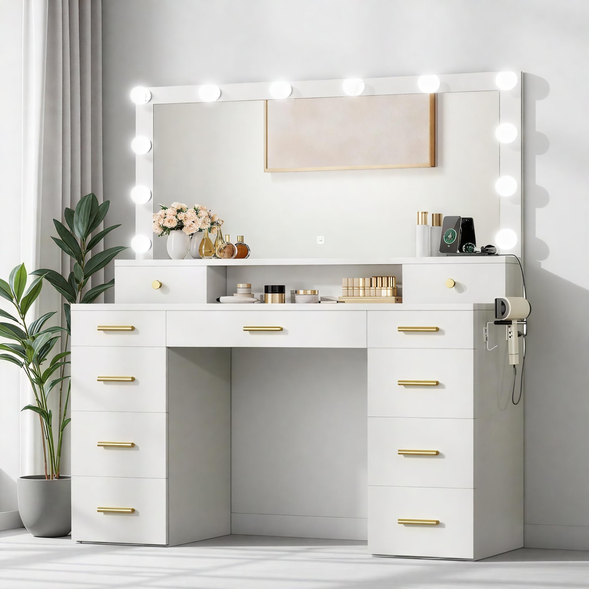 DWVO Vanity Desk with Mirror and Lights: White Makeup Table with 11 Drawers & Charging Station, USB/Type-C Ports