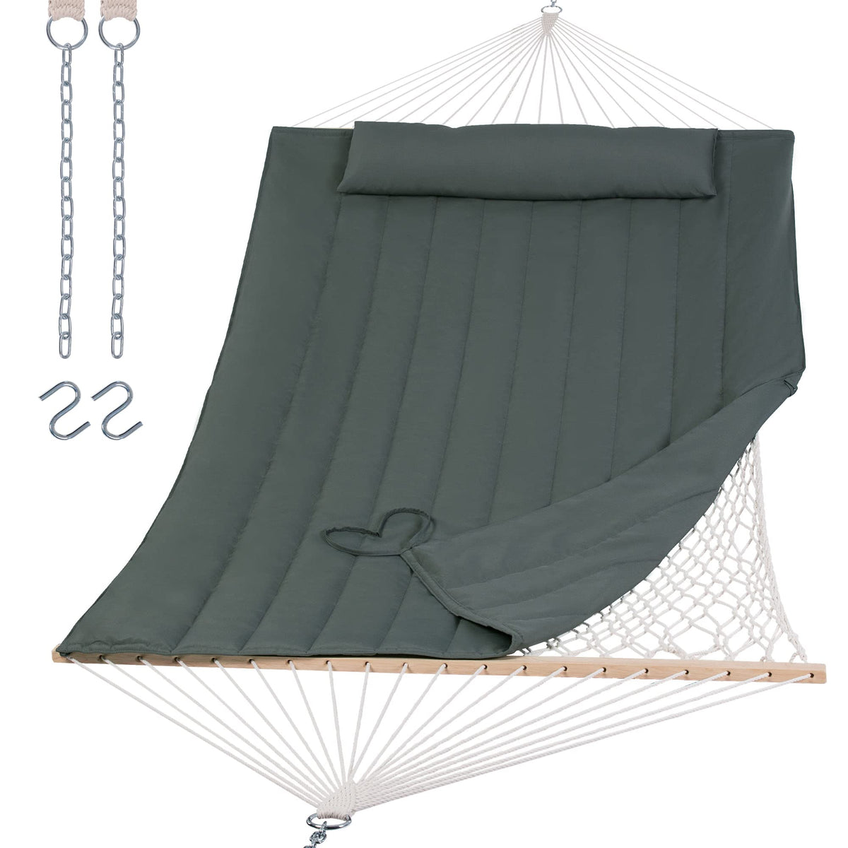 Suncreat Portable Double Rope Hammock With Pad, Two Person Tree Hammock For Garden, Backyard, Patio, Poolside, Gray Green