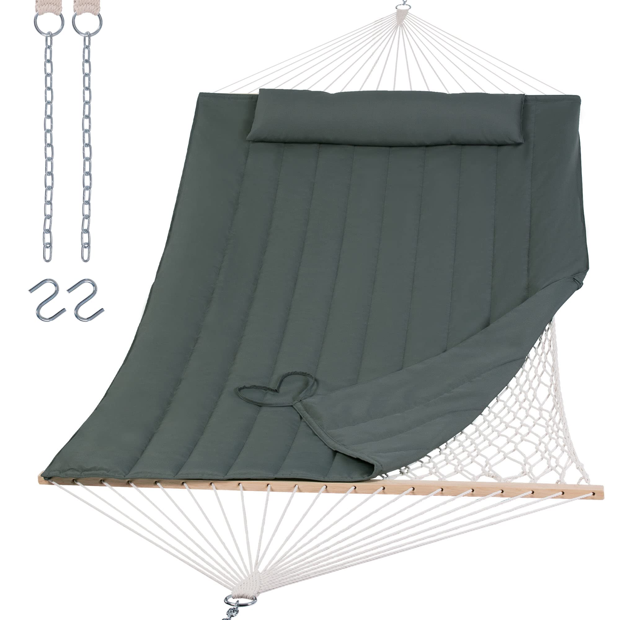 Suncreat Portable Double Rope Hammock With Pad, Two Person Tree Hammock For Garden, Backyard, Patio, Poolside, Gray Green