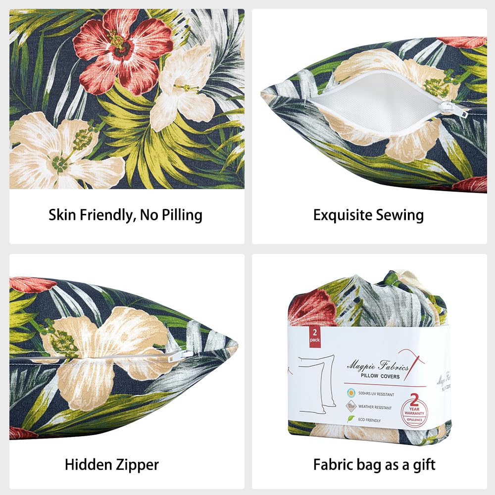 Magpie Fabrics Pack Of 2 Outdoor Waterproof Throw Pillow Covers 18 X 18 Inch, Decorative Cushion Sham Pillowcase Shell For Garden Patio Balcony(Midnight Floral)