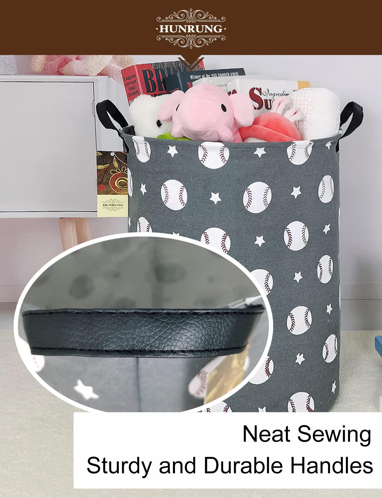 Hunrung Laundry Hamper,Large Canvas Fabric Lightweight Storage Basket Toy Organizer Dirty Clothes Collapsible Waterproof For College Dorms, Children Bedroom,Bathroom(Round-Grey Baseball)