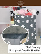 Hunrung Laundry Hamper,Large Canvas Fabric Lightweight Storage Basket Toy Organizer Dirty Clothes Collapsible Waterproof For College Dorms, Children Bedroom,Bathroom(Round-Grey Baseball)