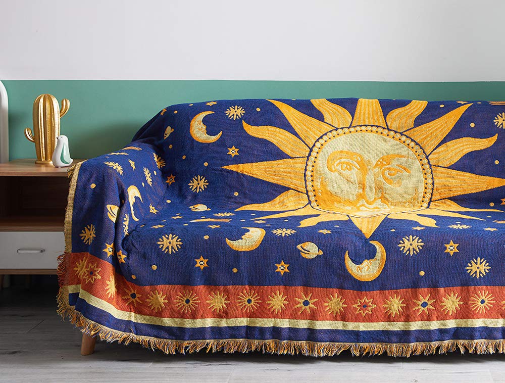 Erke 70' X 90' Sun And Moon Blanket Celestial Couch Sheet Cover Hippy Home Decoration, Double Sided Cotton Woven Hippie Throws