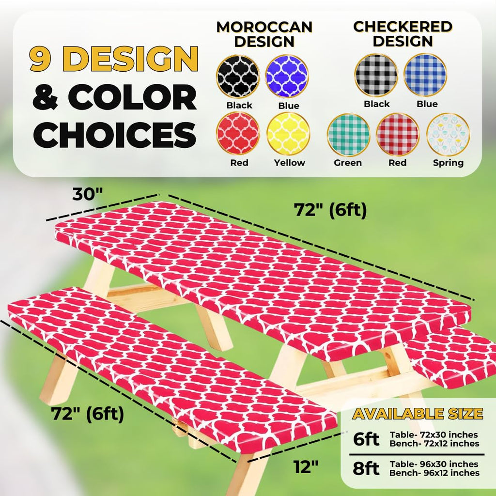 Rnoony Fitted Picnic Table Cover With Bench Covers And Bag, 6Ft Outdoor Waterproof Windproof Picnic Tablecloth With Elastic Edges. Camping Rv Gear Must Have 72X30 Inches 3 Pcs Set (Red Moroccan)