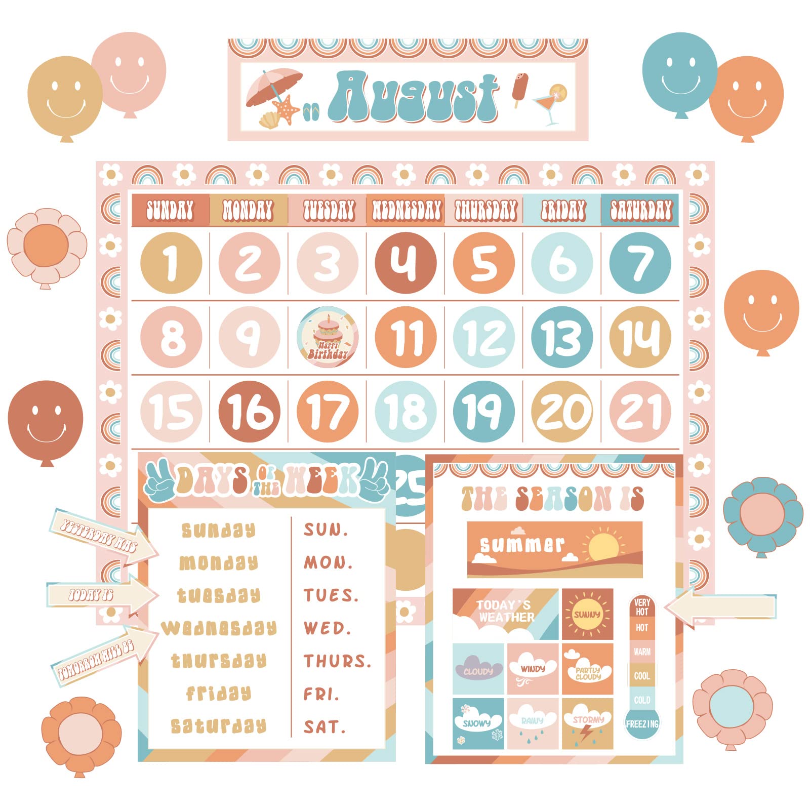 Groovy Calendar Bulletin Board Set Decorations Retro Hippie Calendar Seasons Weather Chart Ctp Bulletin Board Paper-Cuts Boho Hi