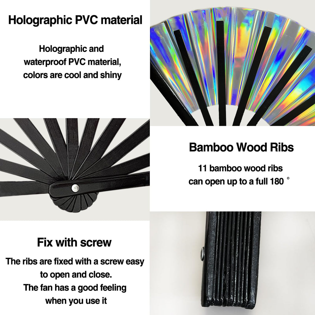 Dmjuncong Folding Hand Rave Fan,Clack Handheld Fan,Holographic Laser Colors Hand Fan,For Festivals,Rainbow Outfits,Disco Party,H