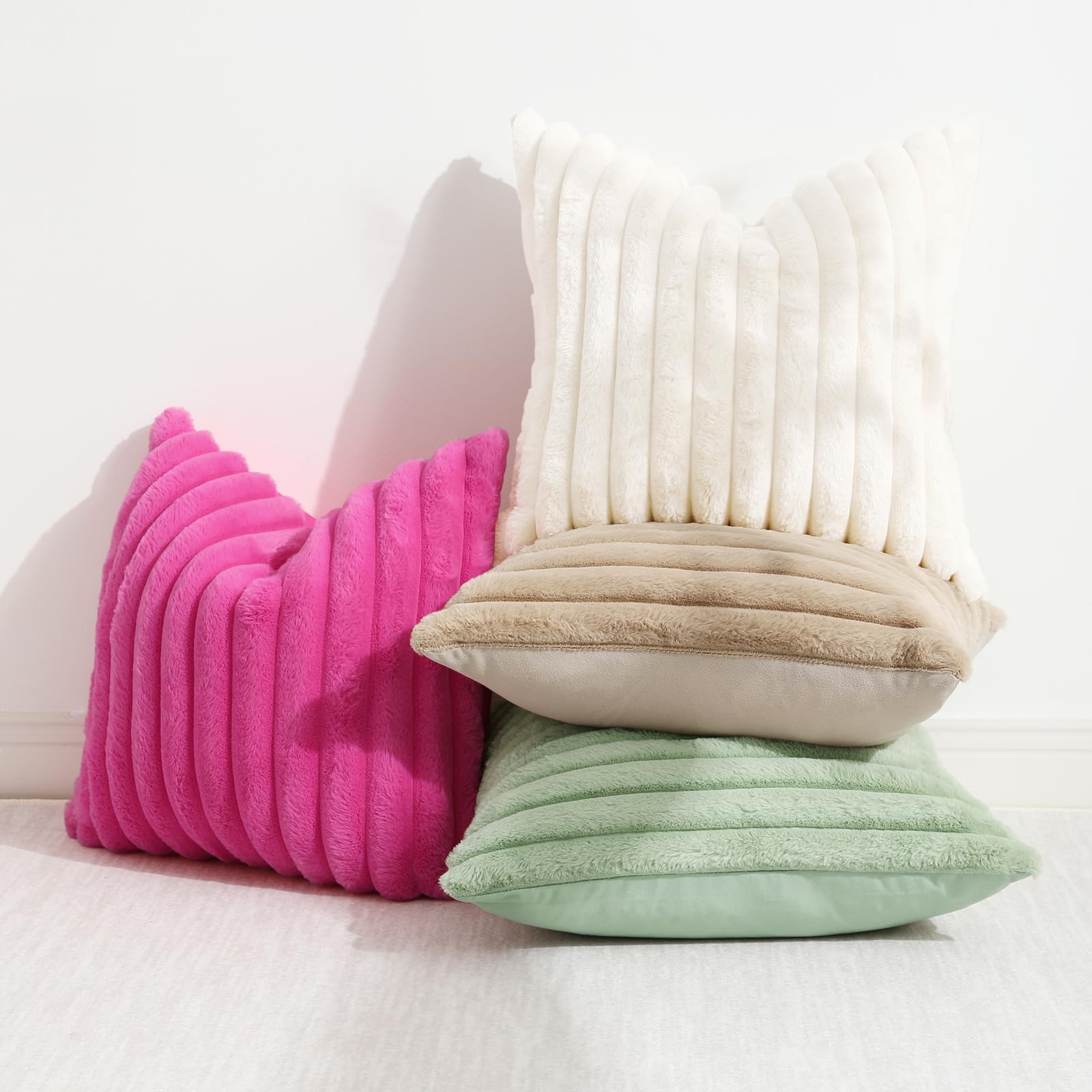 Decoruhome Faux Fur Spring Throw Pillow Covers 16X16 Set Of 2, Decorative Soft Plush Striped Couch Pillow Covers With Velvet Back For Sofa, Bed, Living Room, Sage Green