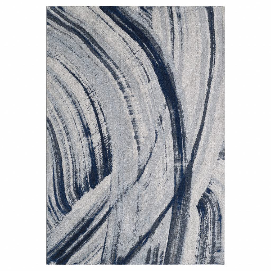 HomeRoots Ivory/Blue Heat-Set Polypropelene 3’ x 5’ Navy Ivory Abstract Strokes Modern Area Rug