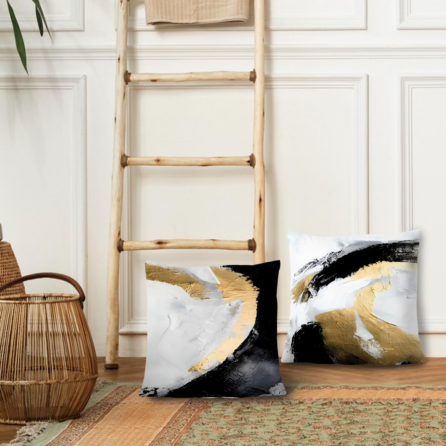 Supwhd Abstract Black White And Gold Pillow Covers 24X24 Set Of 2 - Modern Pillow Covers, Modern Home Decor, Black And Gold Deco