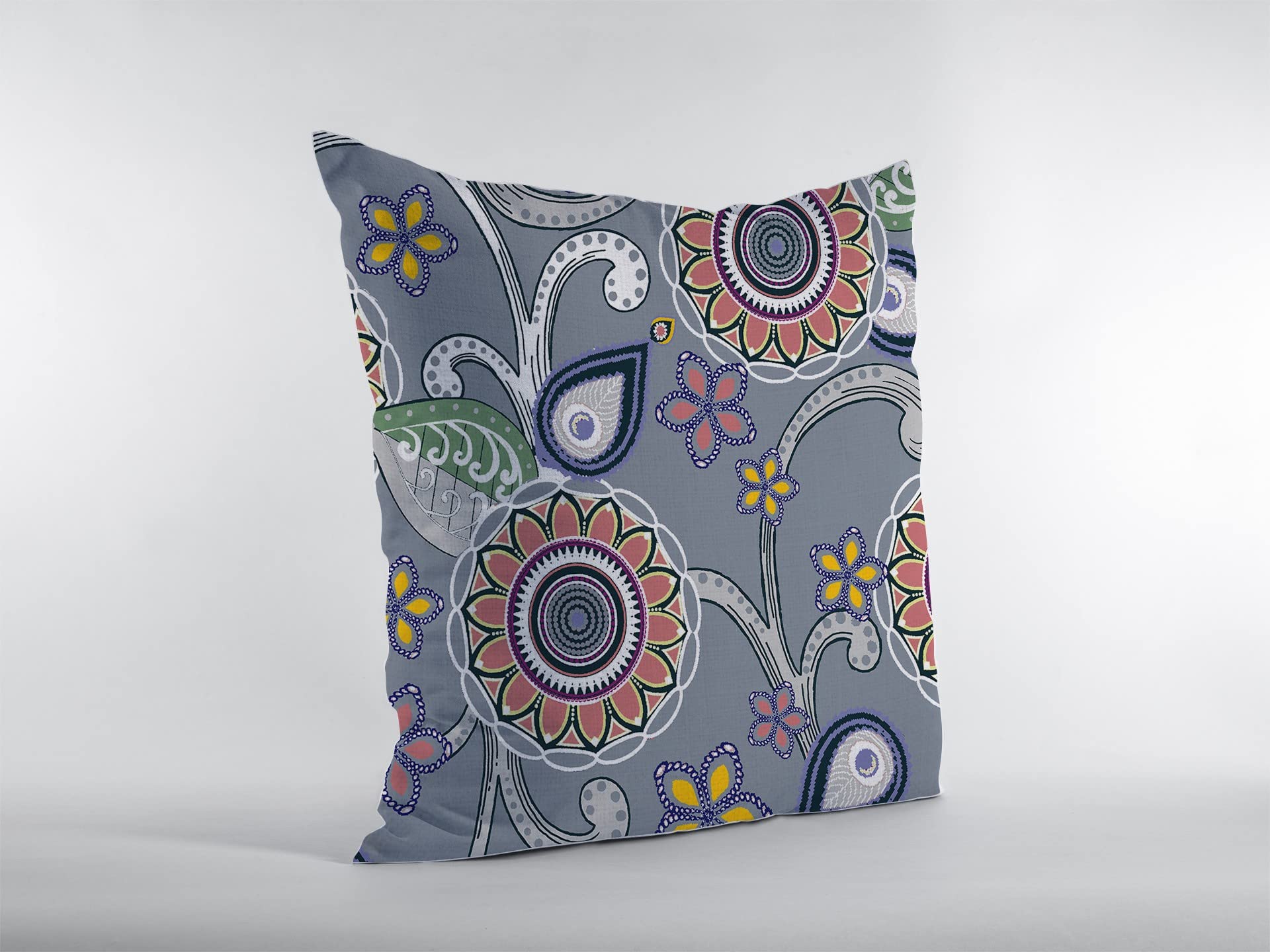 HomeRoots Red, Orange, Blue, Green On Gray 20â€ Gray Pink Floral Suede Throw Pillow