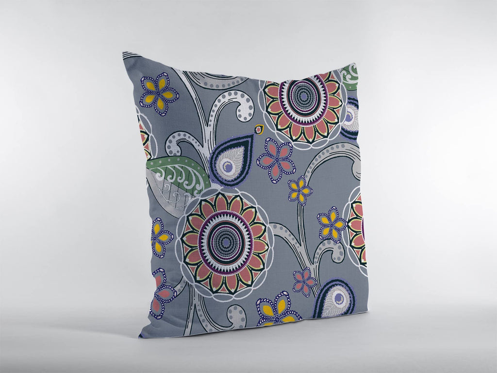 HomeRoots Red, Orange, Blue, Green On Gray 16â€ Gray Pink Floral Suede Throw Pillow